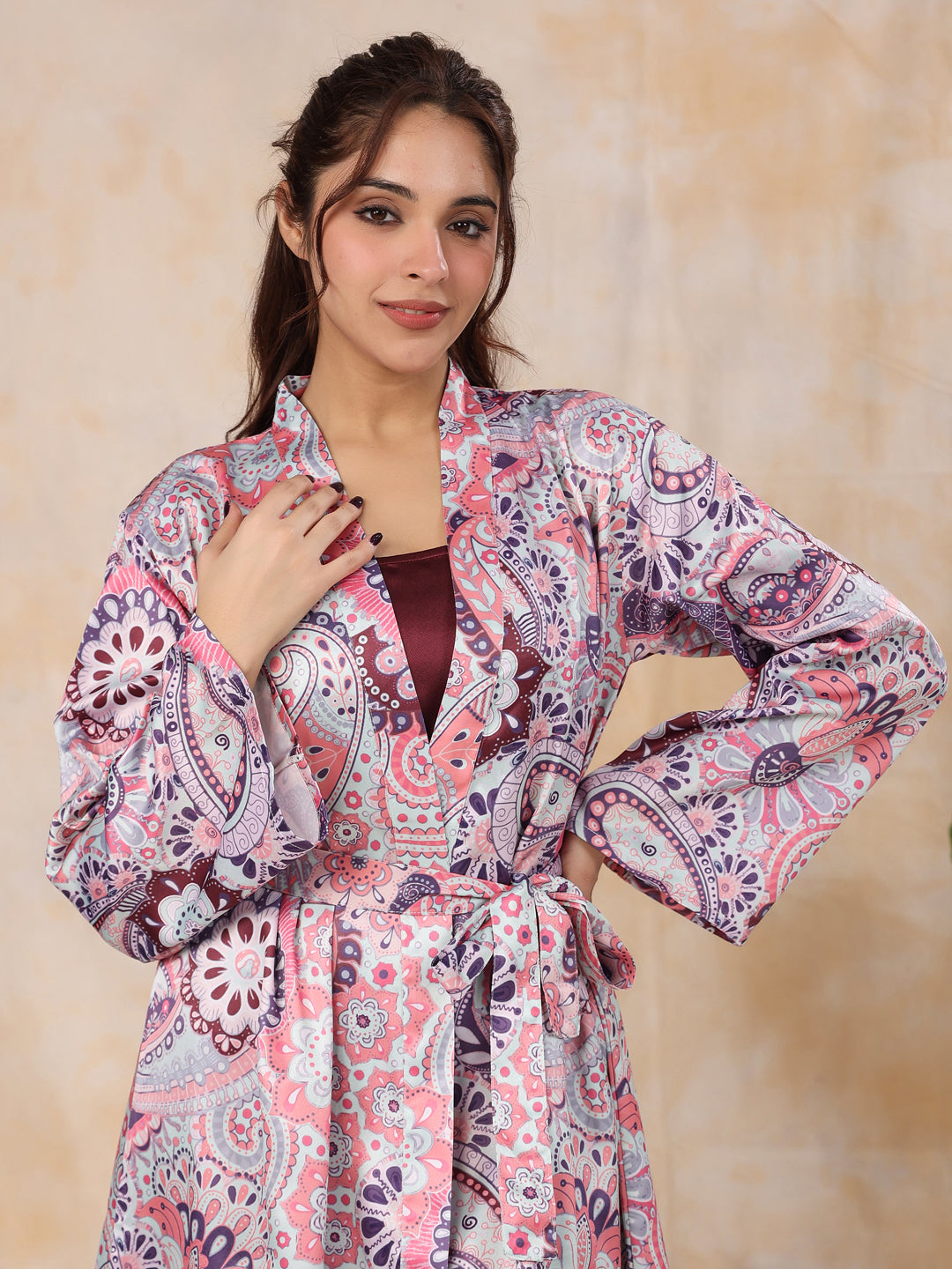 Dusty Pink Satin Night Dress - SanskrutiHomes