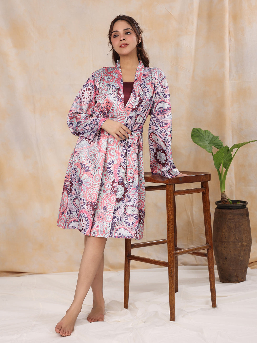 Dusty Pink Satin Night Dress - SanskrutiHomes