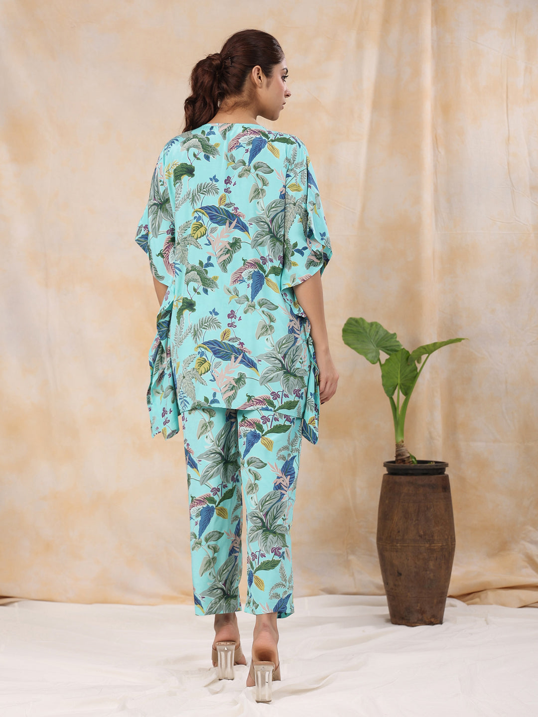 Floral Baby Blue Silk Blend Kaftan Kurta With Trousers