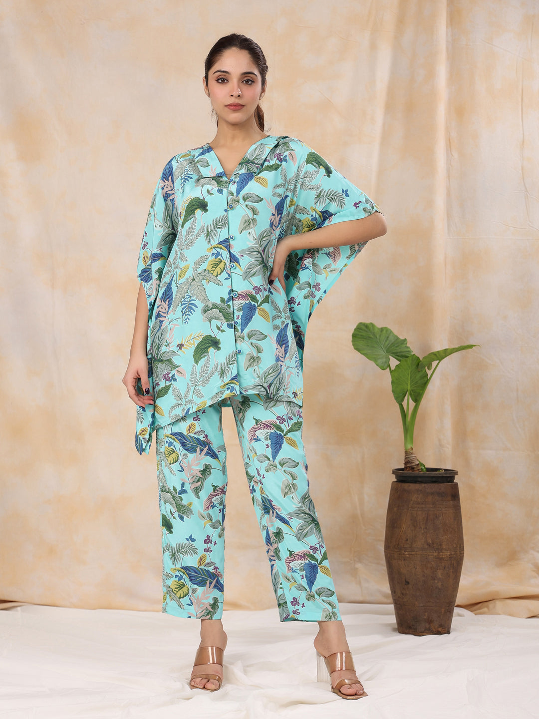 Floral Baby Blue Silk Blend Kaftan Kurta With Trousers