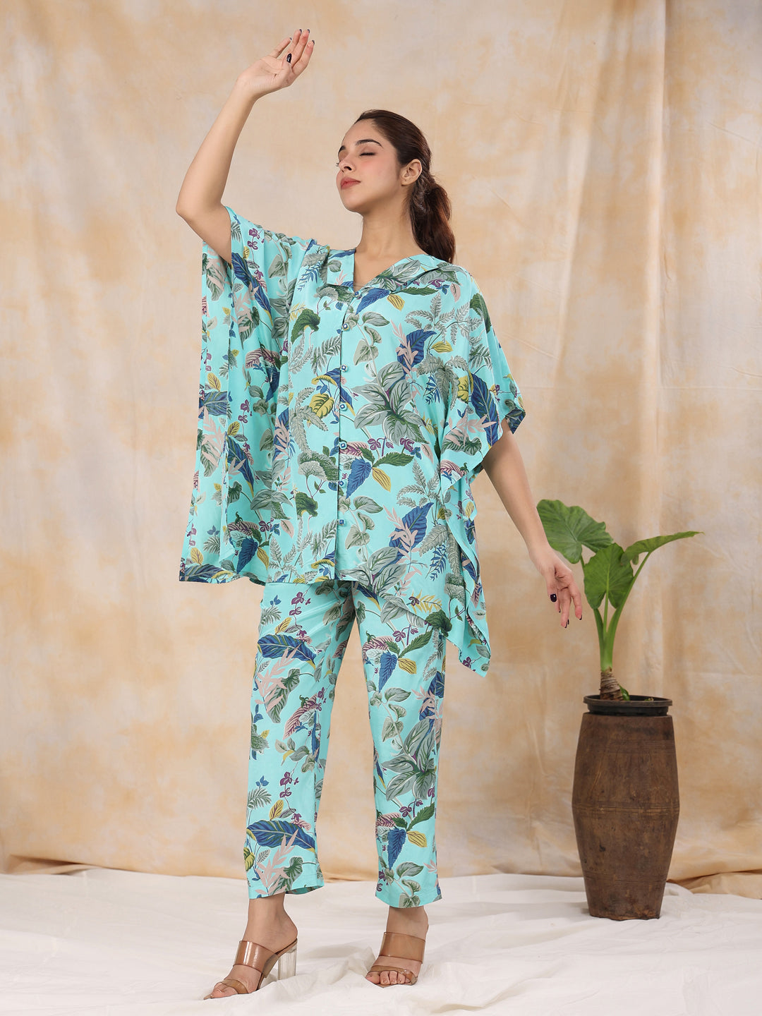 Floral Baby Blue Silk Blend Kaftan Kurta With Trousers