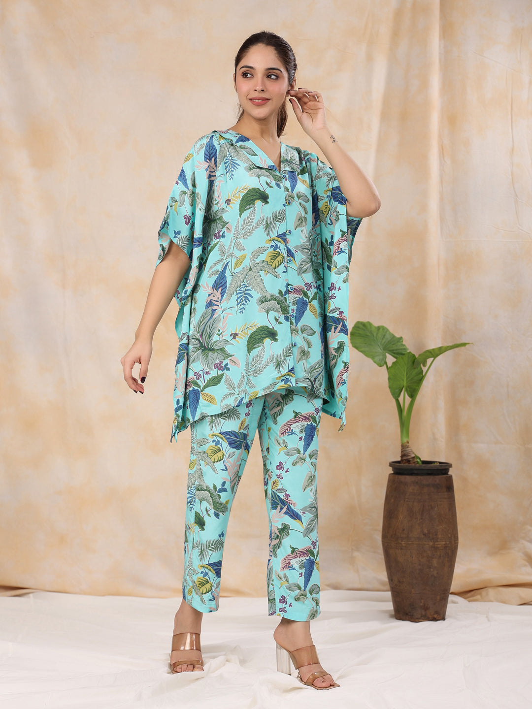 Floral Baby Blue Silk Blend Kaftan Kurta With Trousers