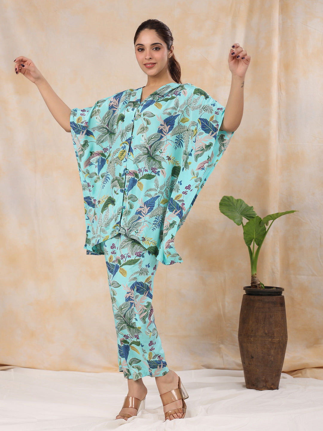 Floral Baby Blue Silk Blend Kaftan Kurta With Trousers