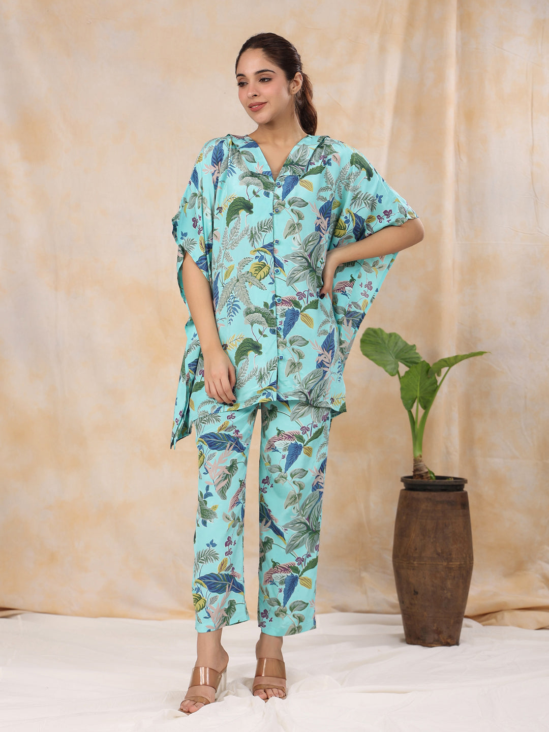 Floral Baby Blue Silk Blend Kaftan Kurta With Trousers