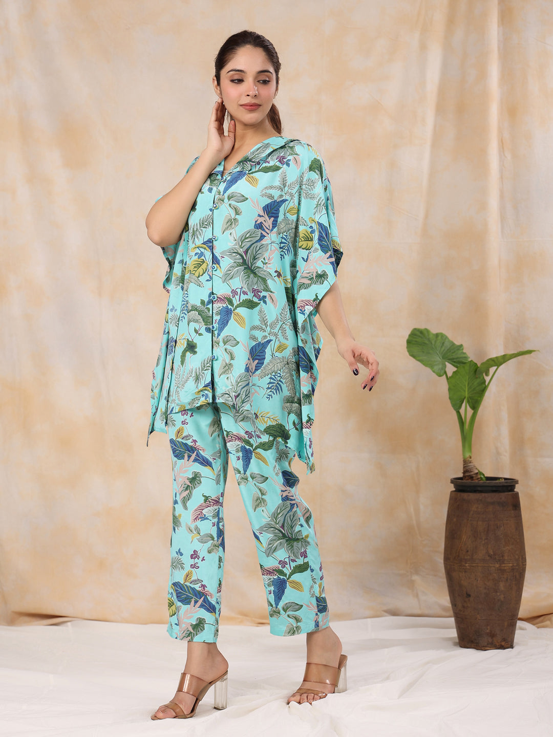 Floral Baby Blue Silk Blend Kaftan Kurta With Trousers