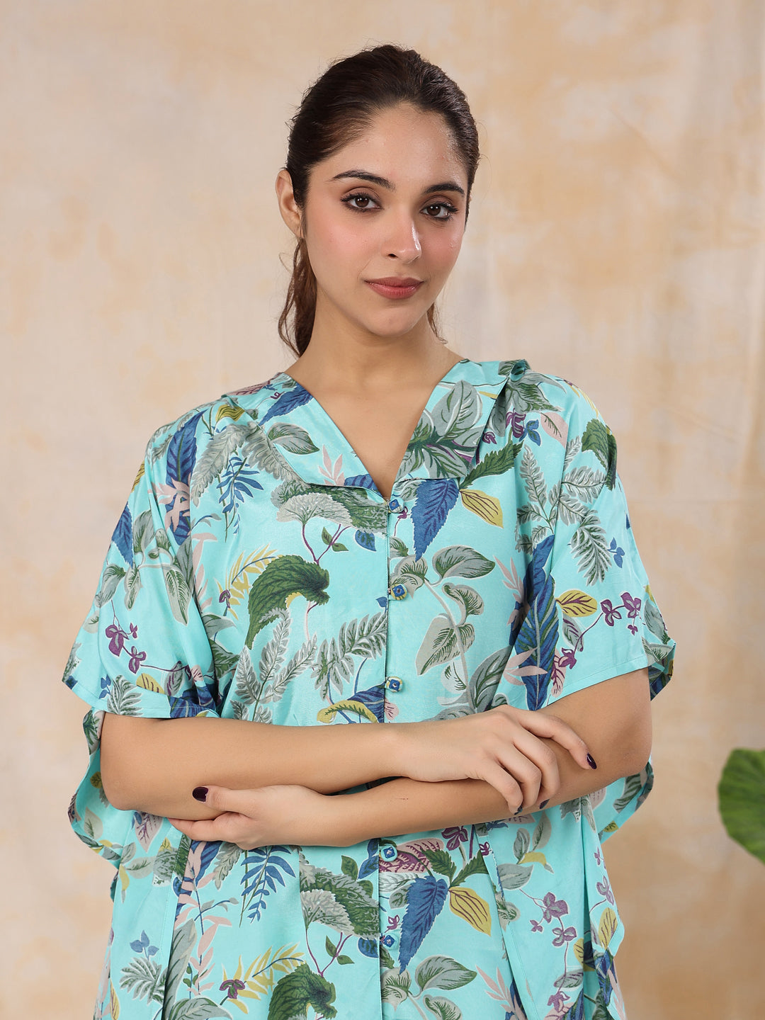 Floral Baby Blue Silk Blend Kaftan Kurta With Trousers