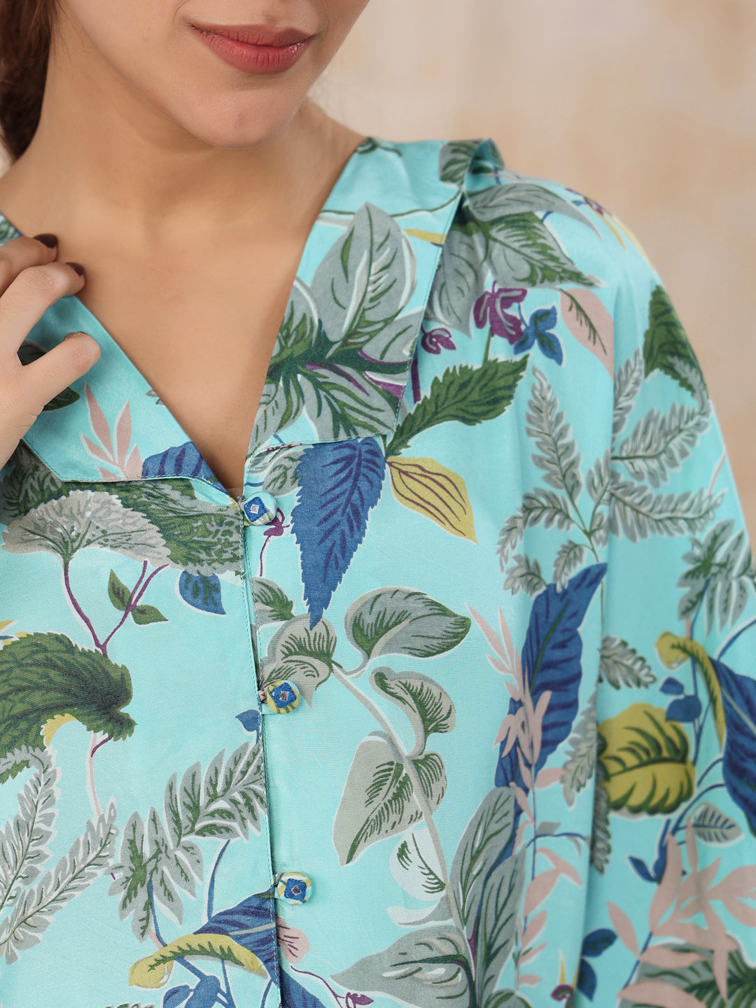 Floral Baby Blue Silk Blend Kaftan Kurta With Trousers