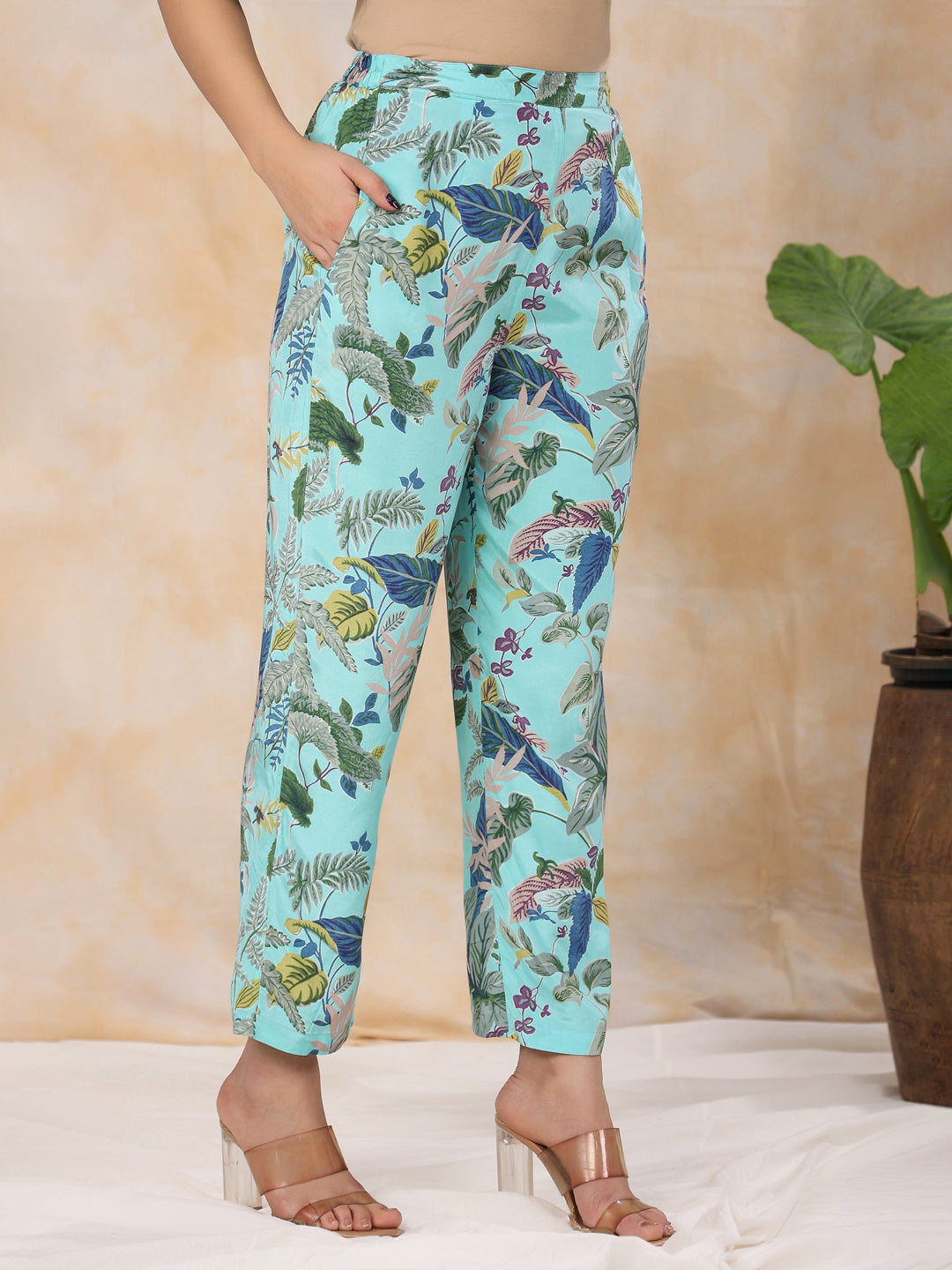 Floral Baby Blue Silk Blend Kaftan Kurta With Trousers