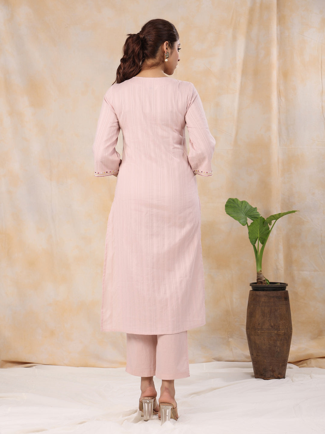 Women' s Woven Design Solid Pure Cotton Straight Kurta with Trousers
