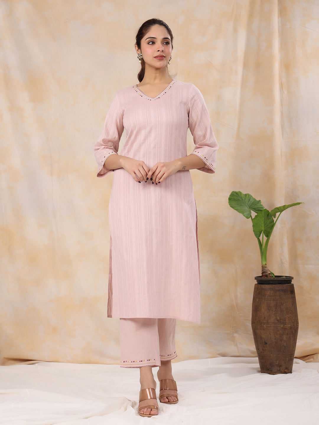 Women' s Woven Design Solid Pure Cotton Straight Kurta with Trousers