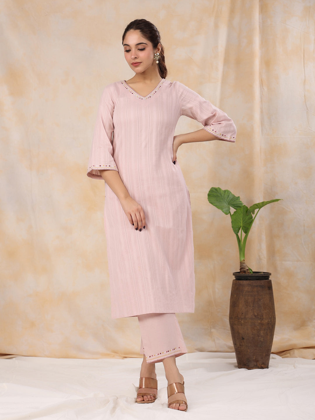 Women' s Woven Design Solid Pure Cotton Straight Kurta with Trousers