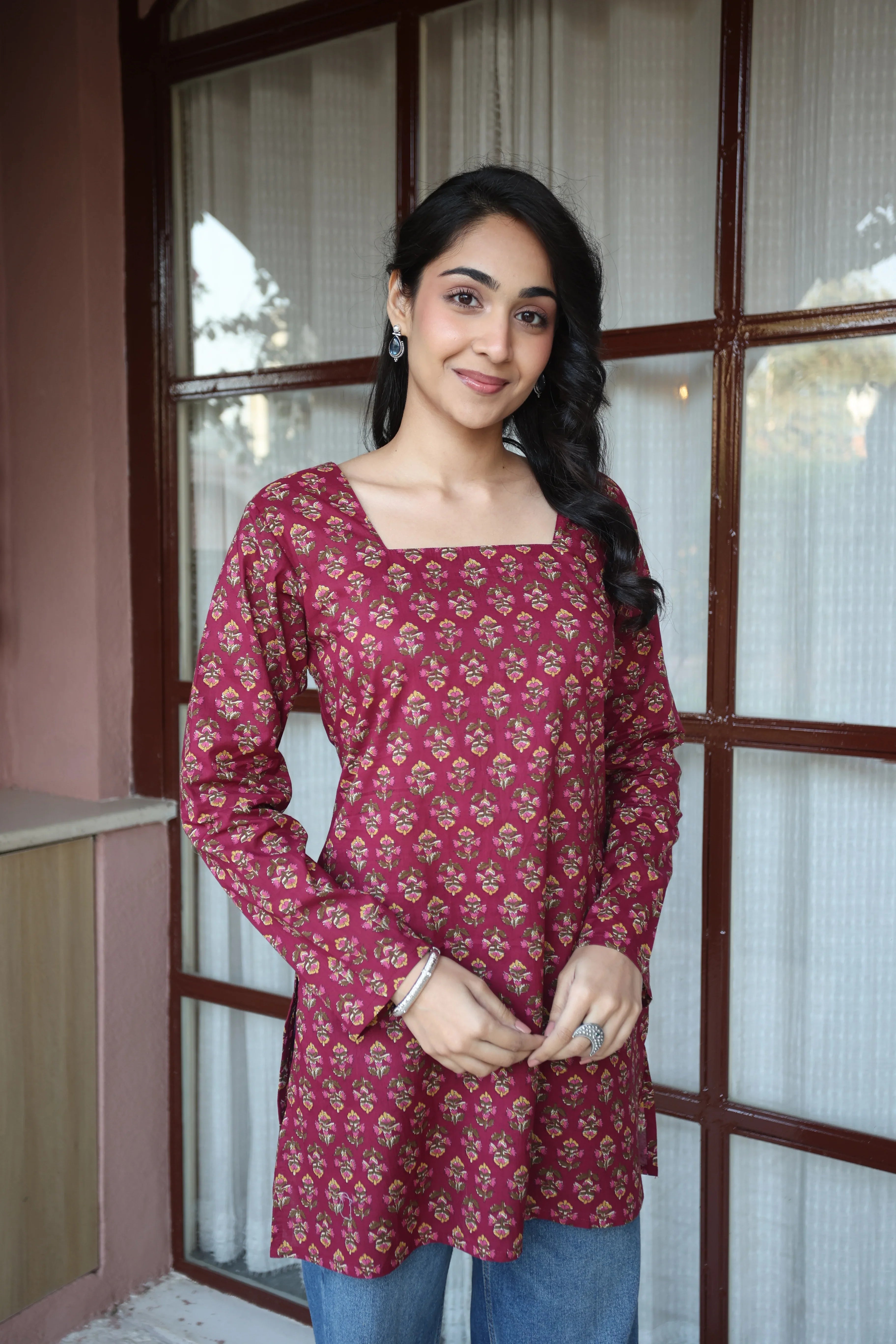 Maroon Floral Print Cotton Square Neck Top for Women - SanskrutiHomes