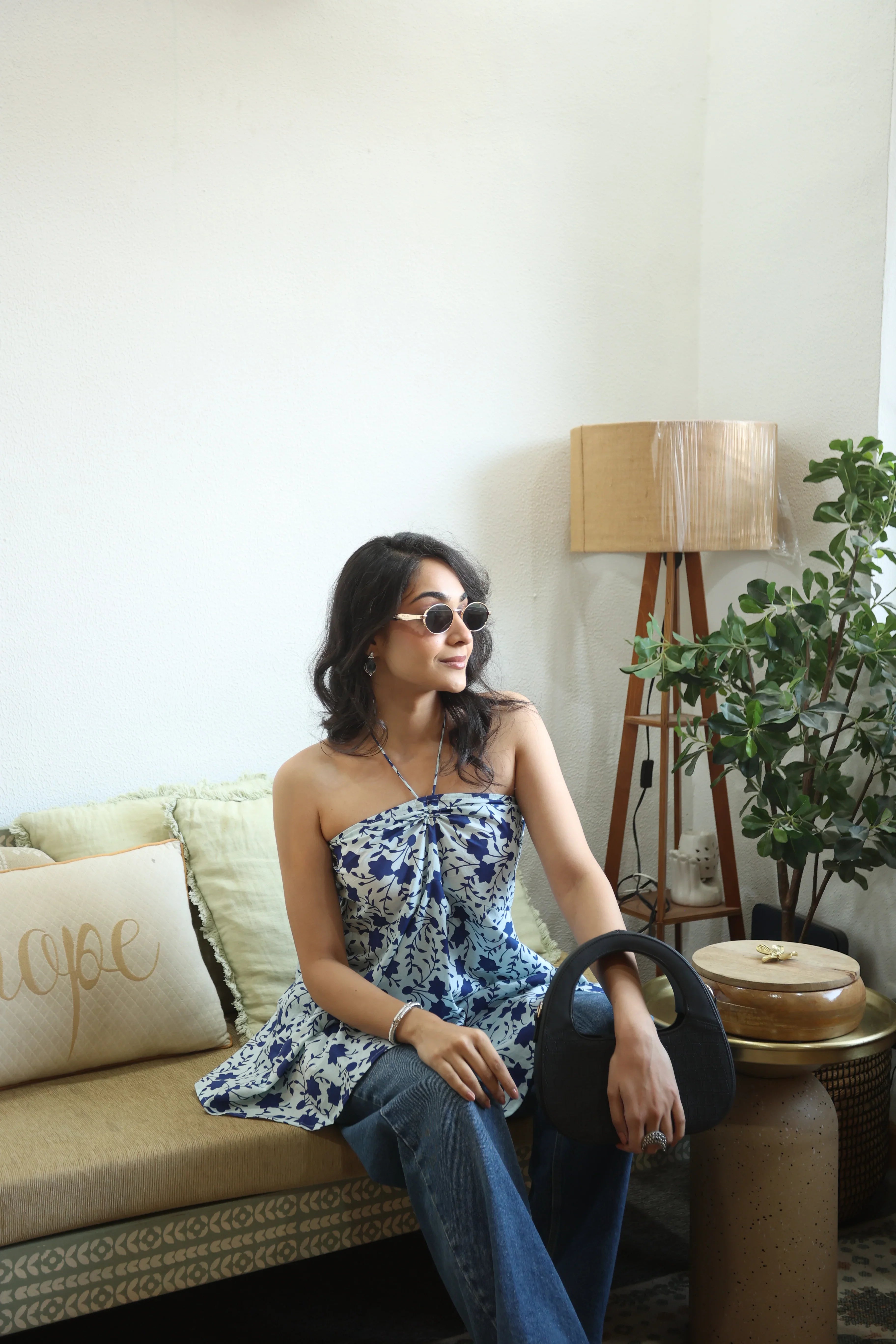 Blue Floral Print Cotton Tie-Up Neck Top for Women - SanskrutiHomes