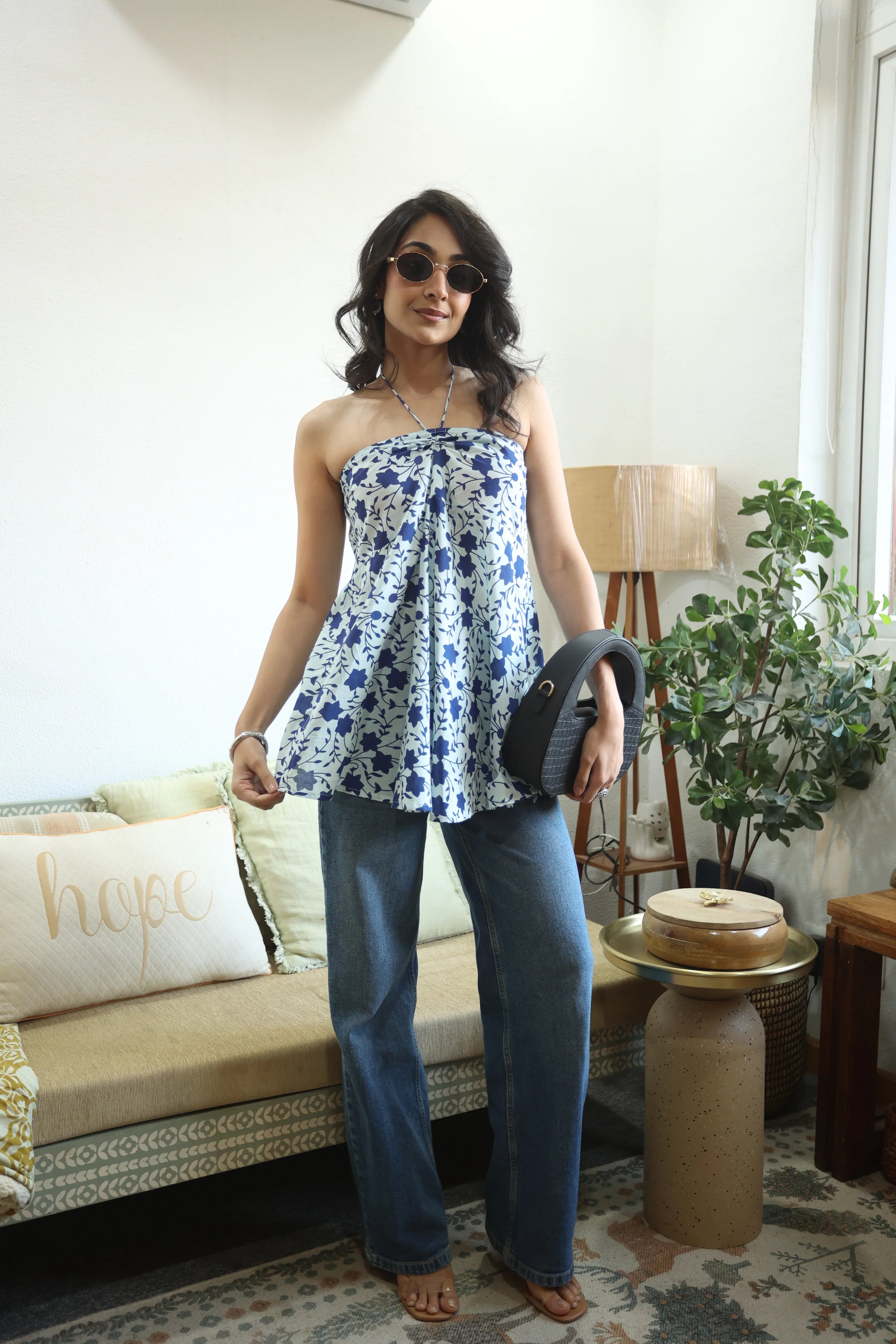 Blue Floral Print Cotton Tie-Up Neck Top for Women - SanskrutiHomes