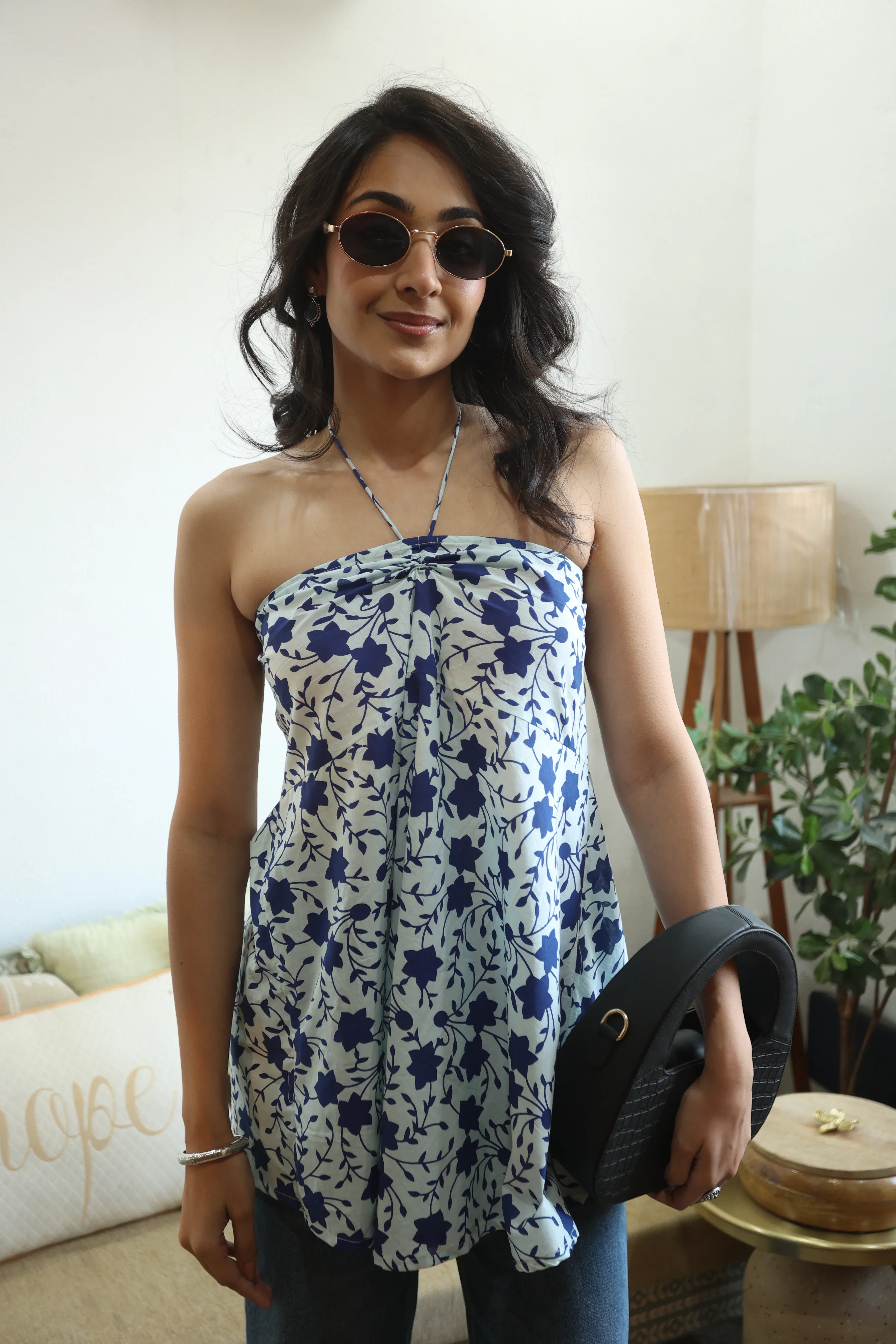 Blue Floral Print Cotton Tie-Up Neck Top for Women - SanskrutiHomes