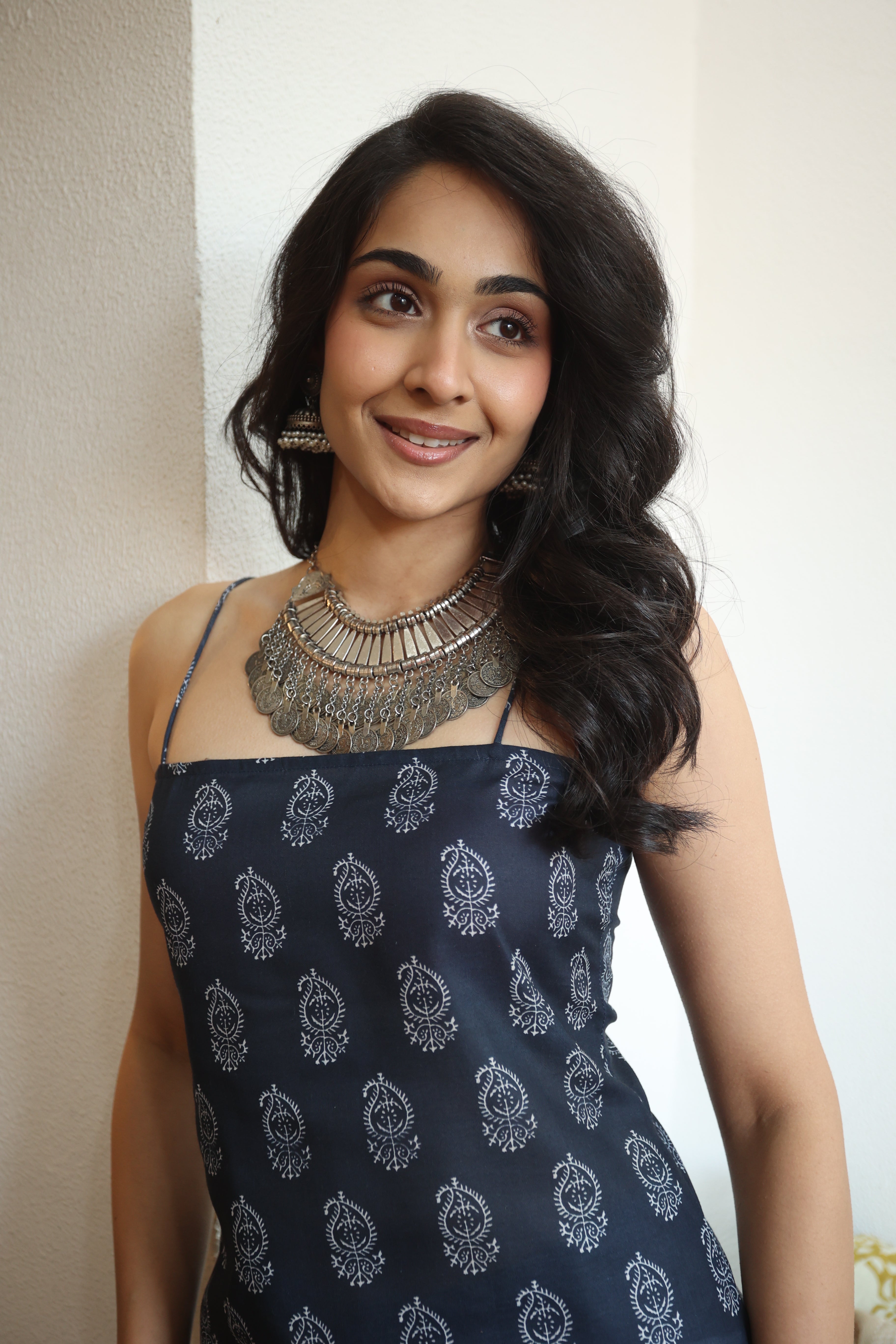 Navy Blue Paisley Print Cotton Square Neck Top for Women