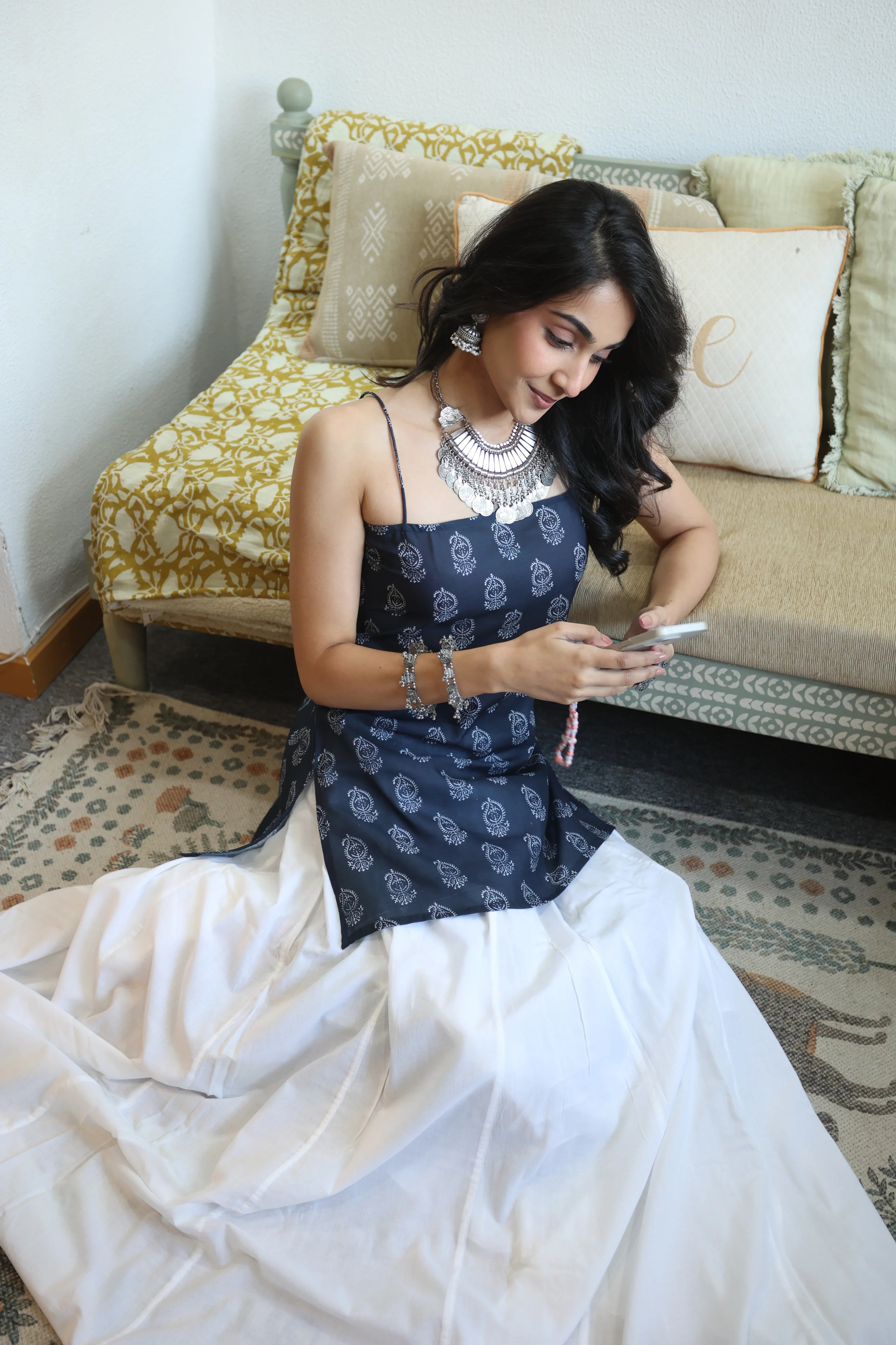 Navy Blue Paisley Print Cotton Square Neck Top for Women - SanskrutiHomes