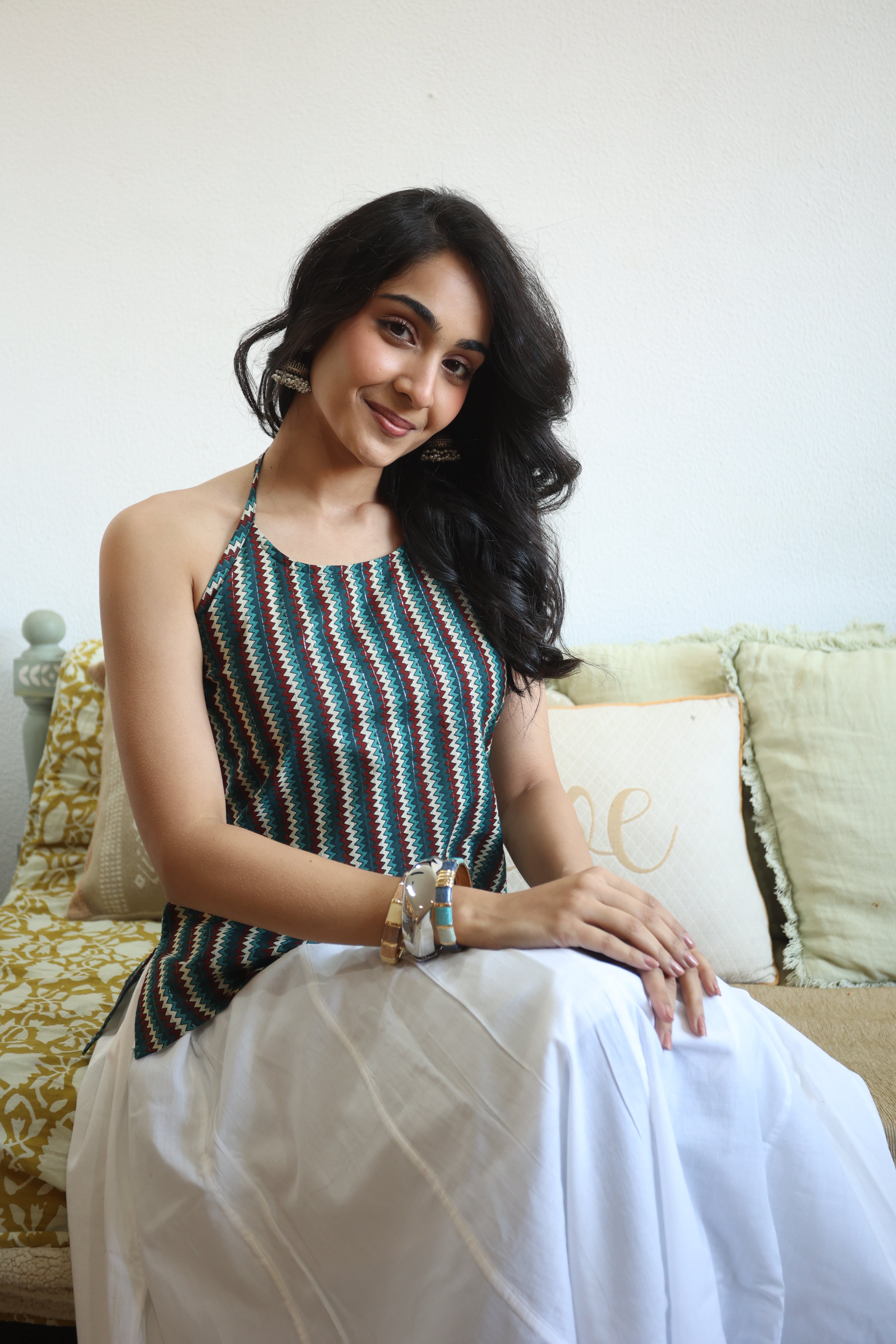 Multi Geometric Print Cotton Round Neck Top for Women