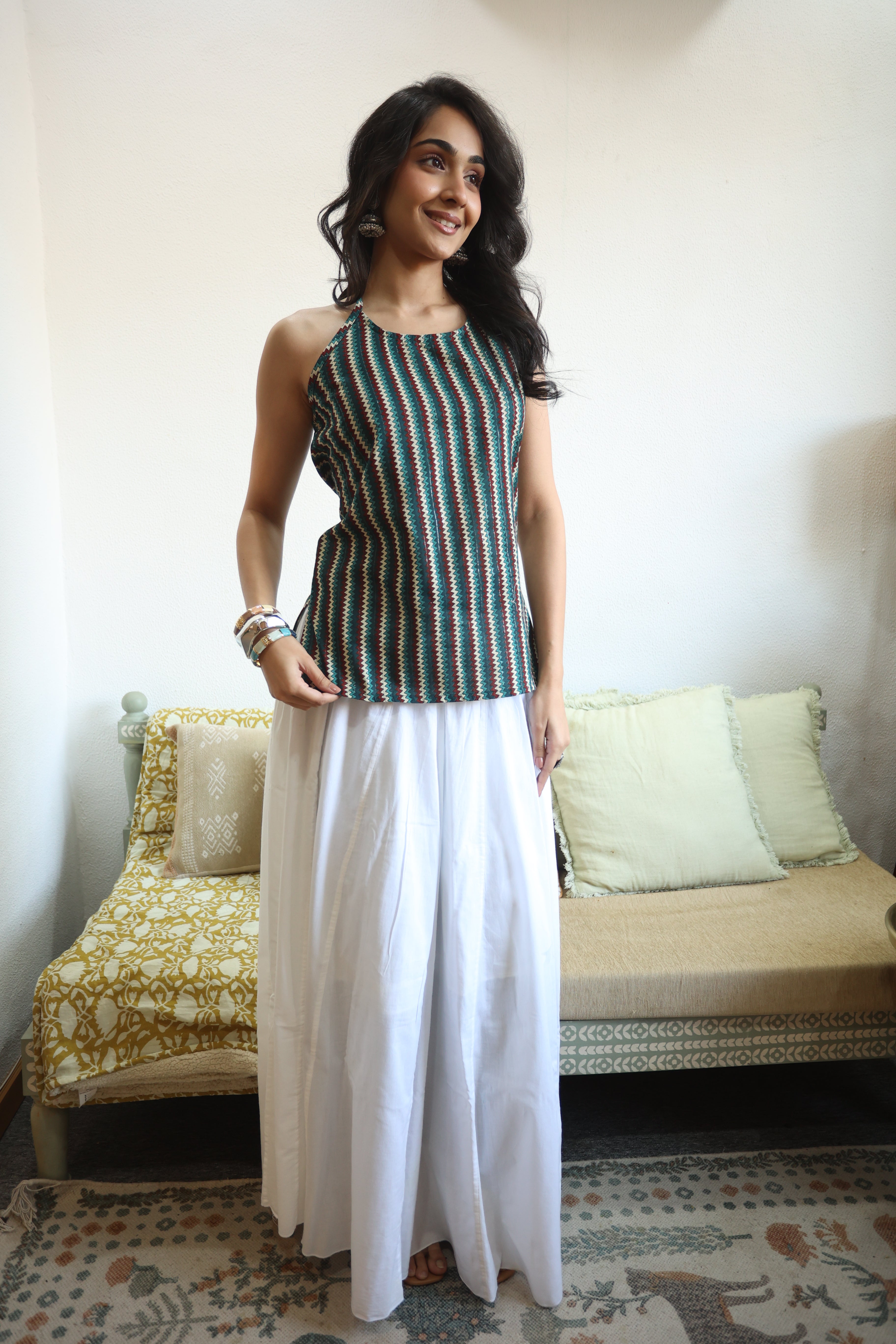 Multi Geometric Print Cotton Round Neck Top for Women