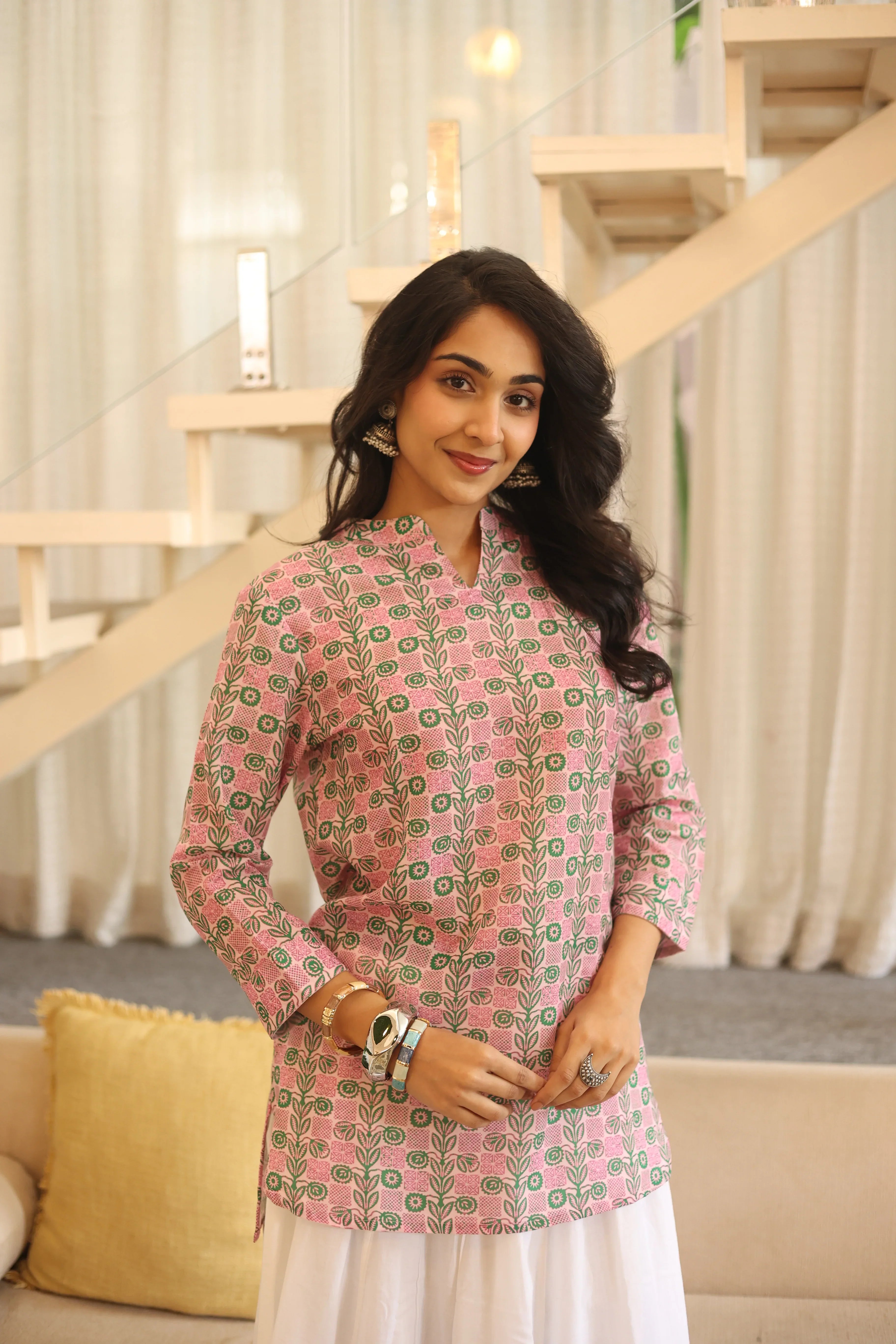 Pink Floral Print Cotton Mandarin Collar Top for Women - SanskrutiHomes