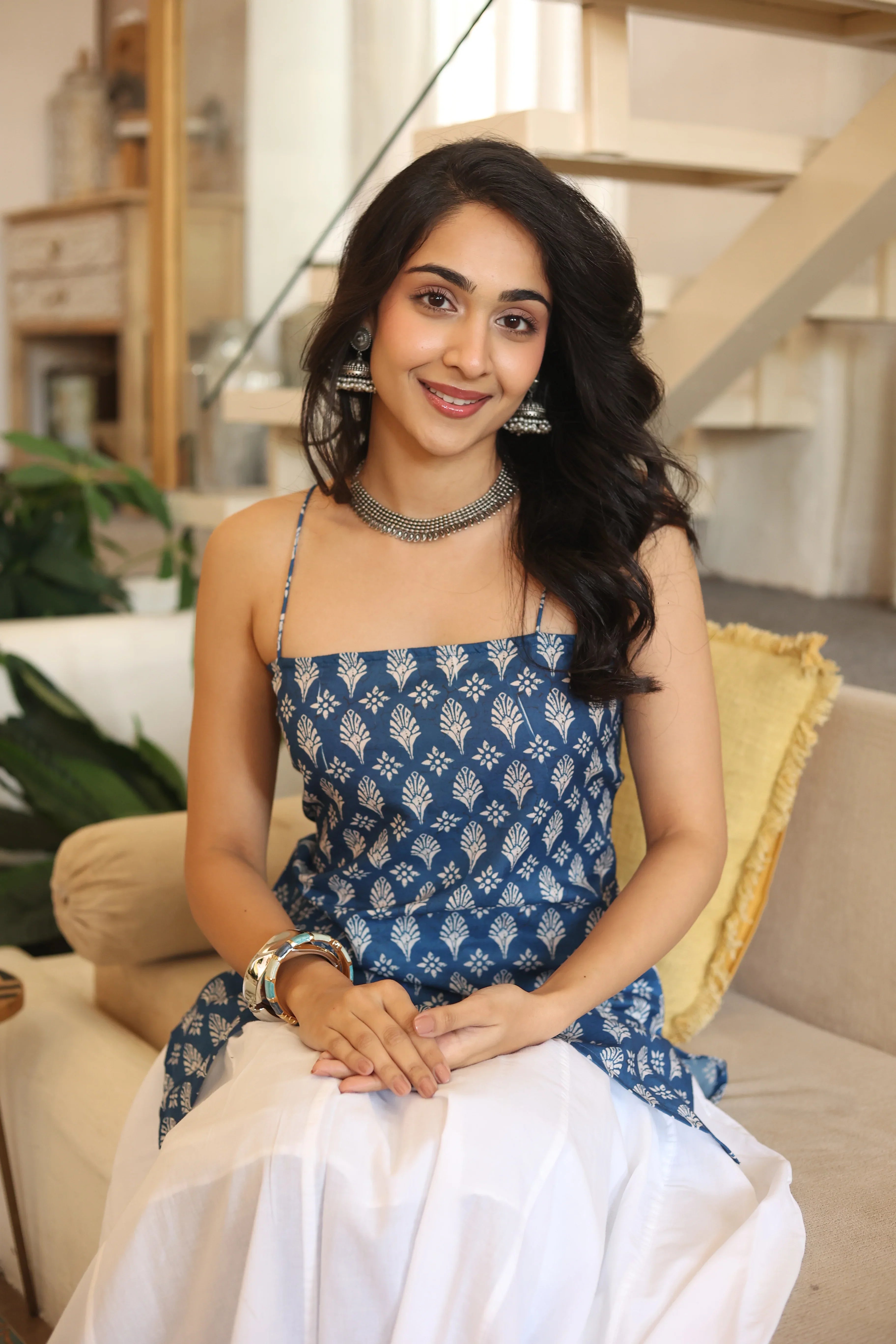 Blue Floral Print Cotton Square Neck Top for Women - SanskrutiHomes