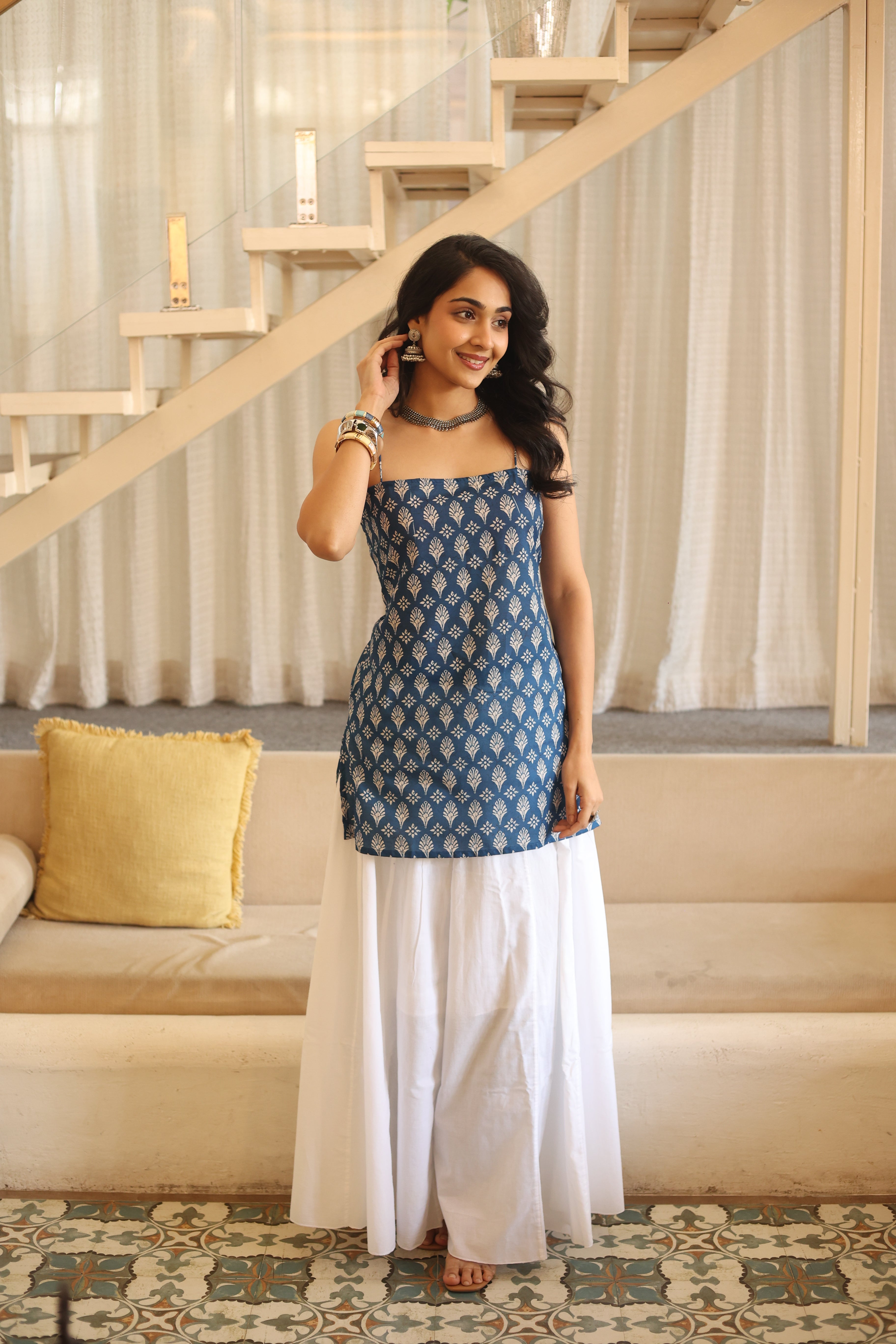 Blue Floral Print Cotton Square Neck Top for Women