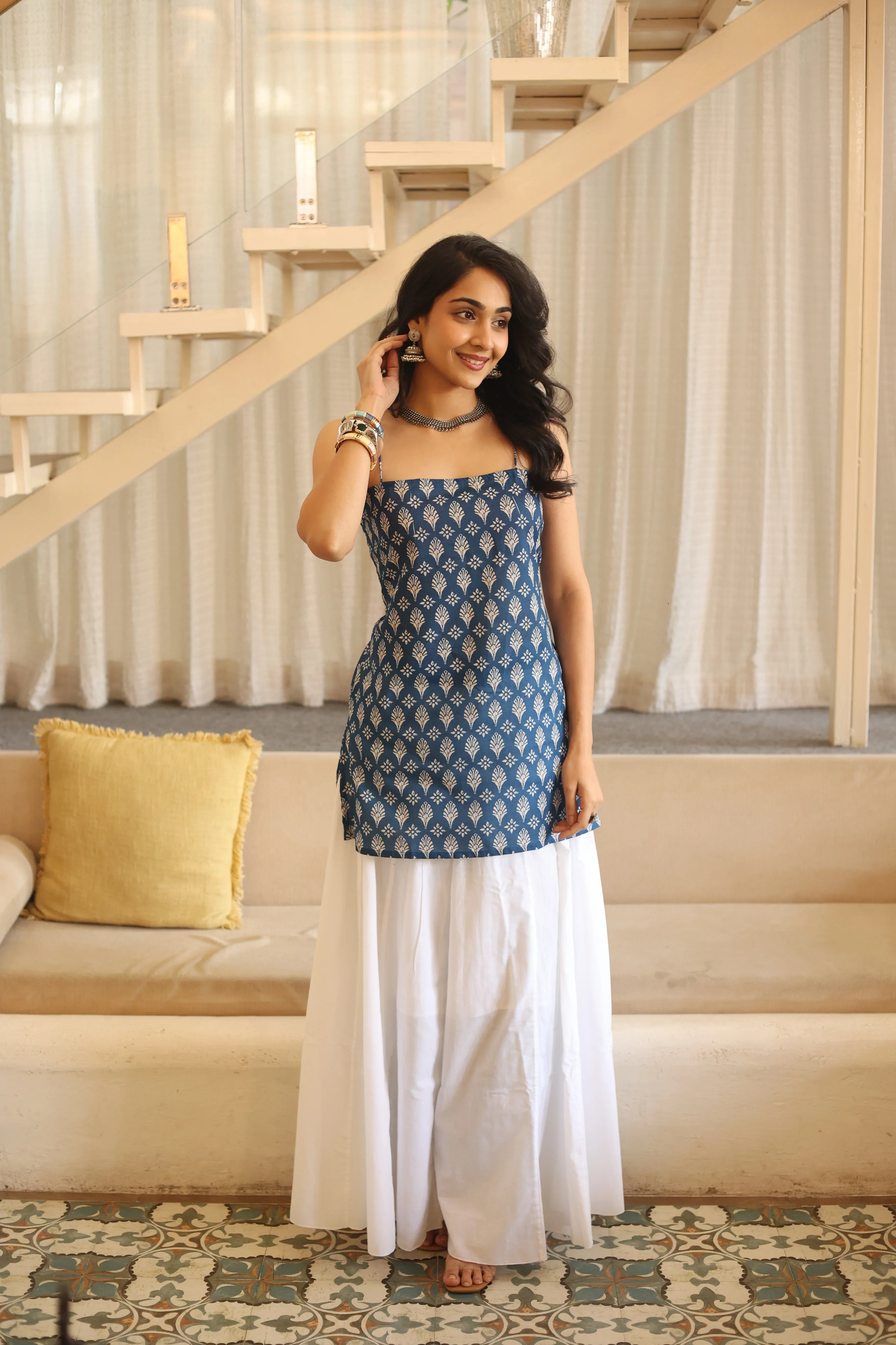 Blue Floral Print Cotton Square Neck Top for Women - SanskrutiHomes