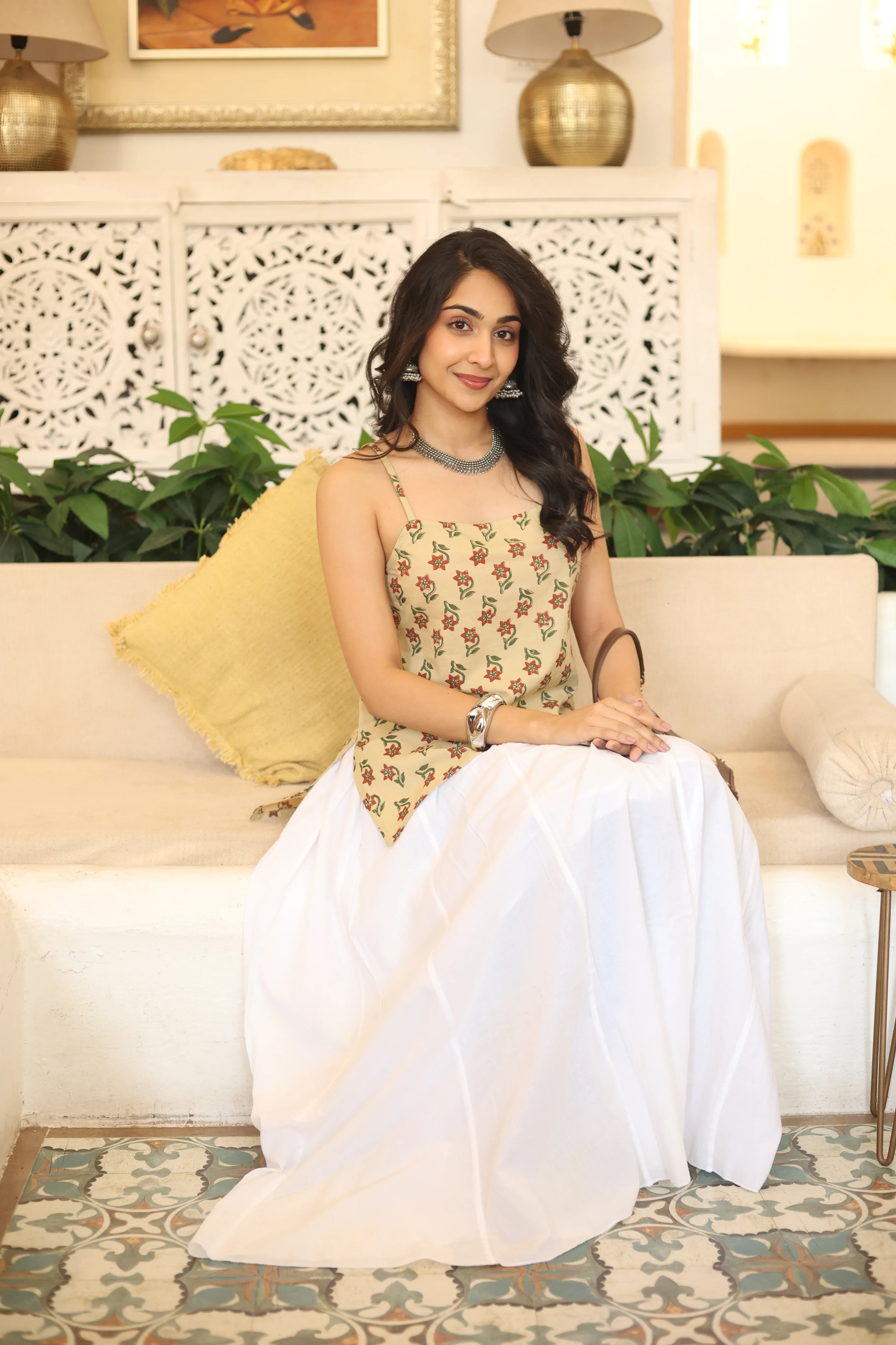 Beige Floral Print Cotton Sweetheart Neck Top for Women - SanskrutiHomes