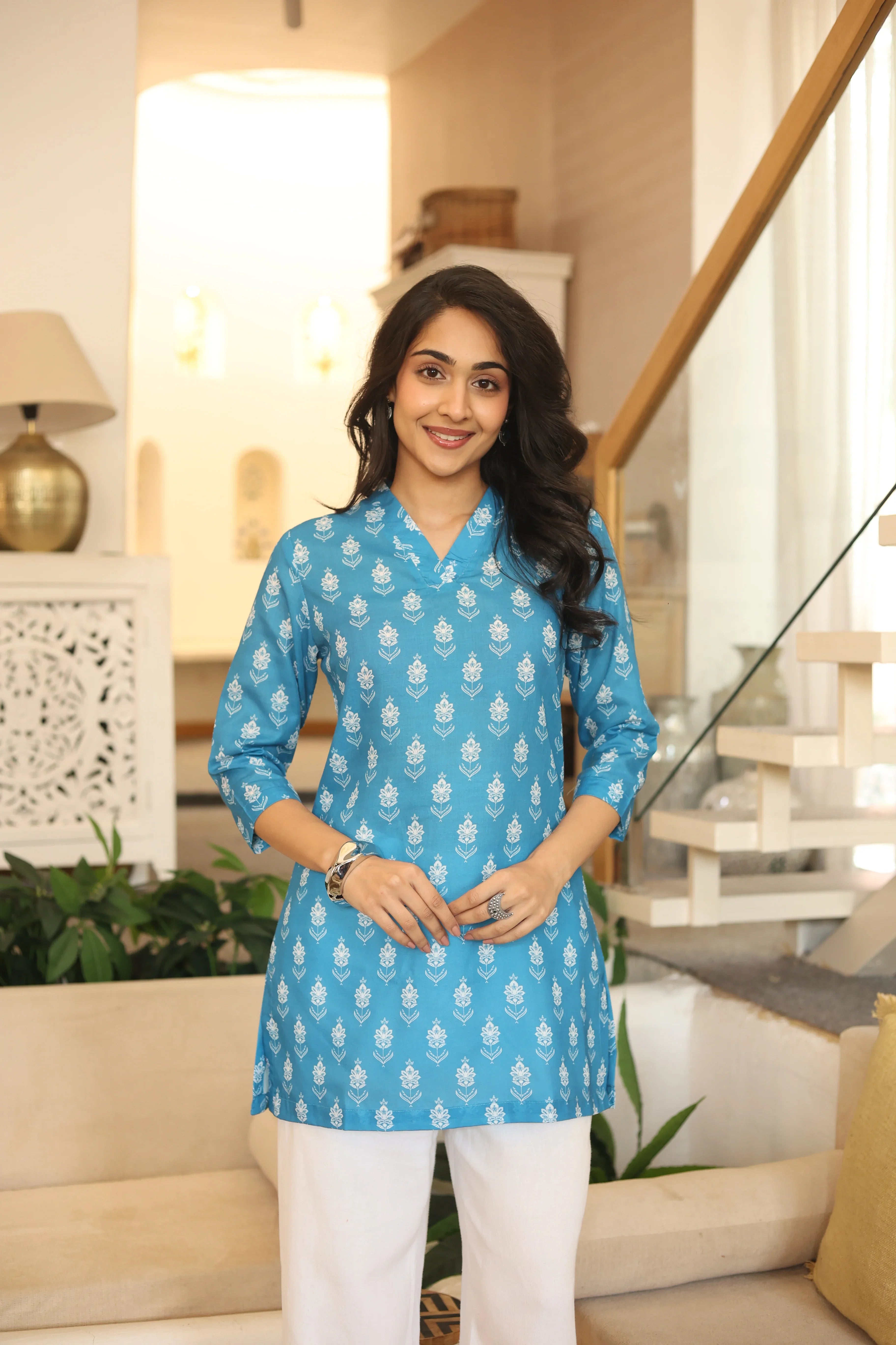 Blue Solid Cotton V-Neck Top for Women - SanskrutiHomes