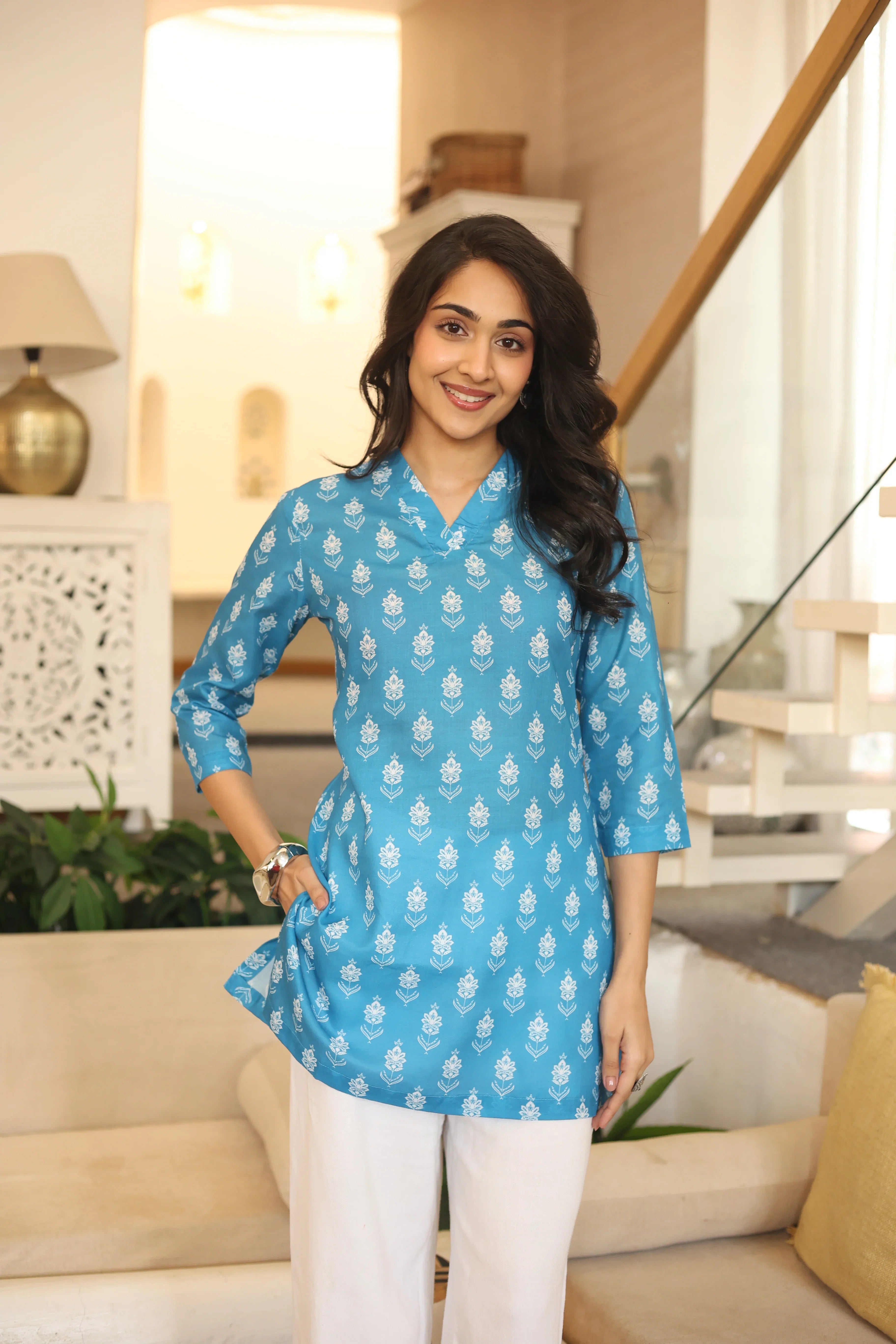 Blue Solid Cotton V-Neck Top for Women - SanskrutiHomes