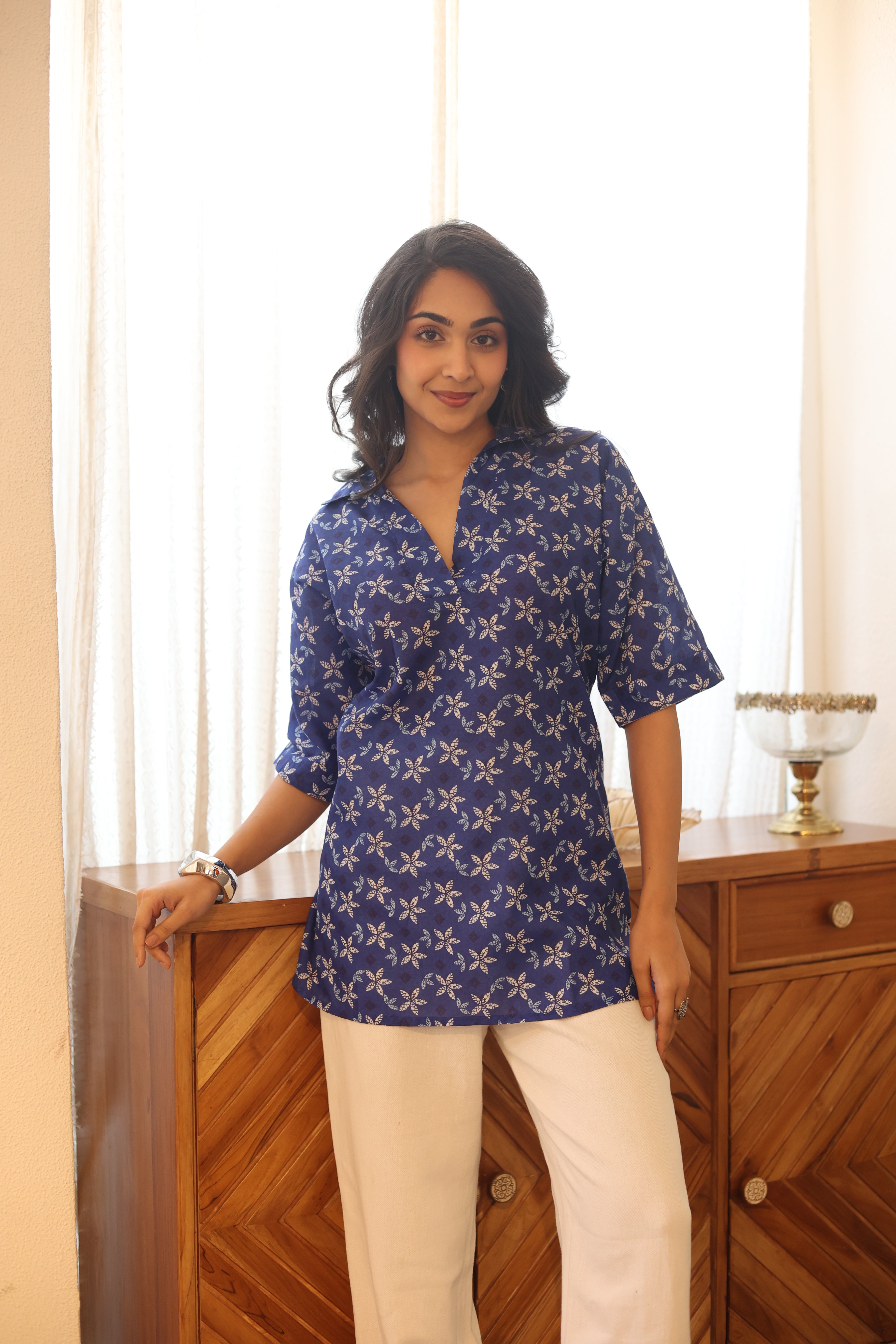 Blue Floral Print Cotton Shirt Collar Top for Women