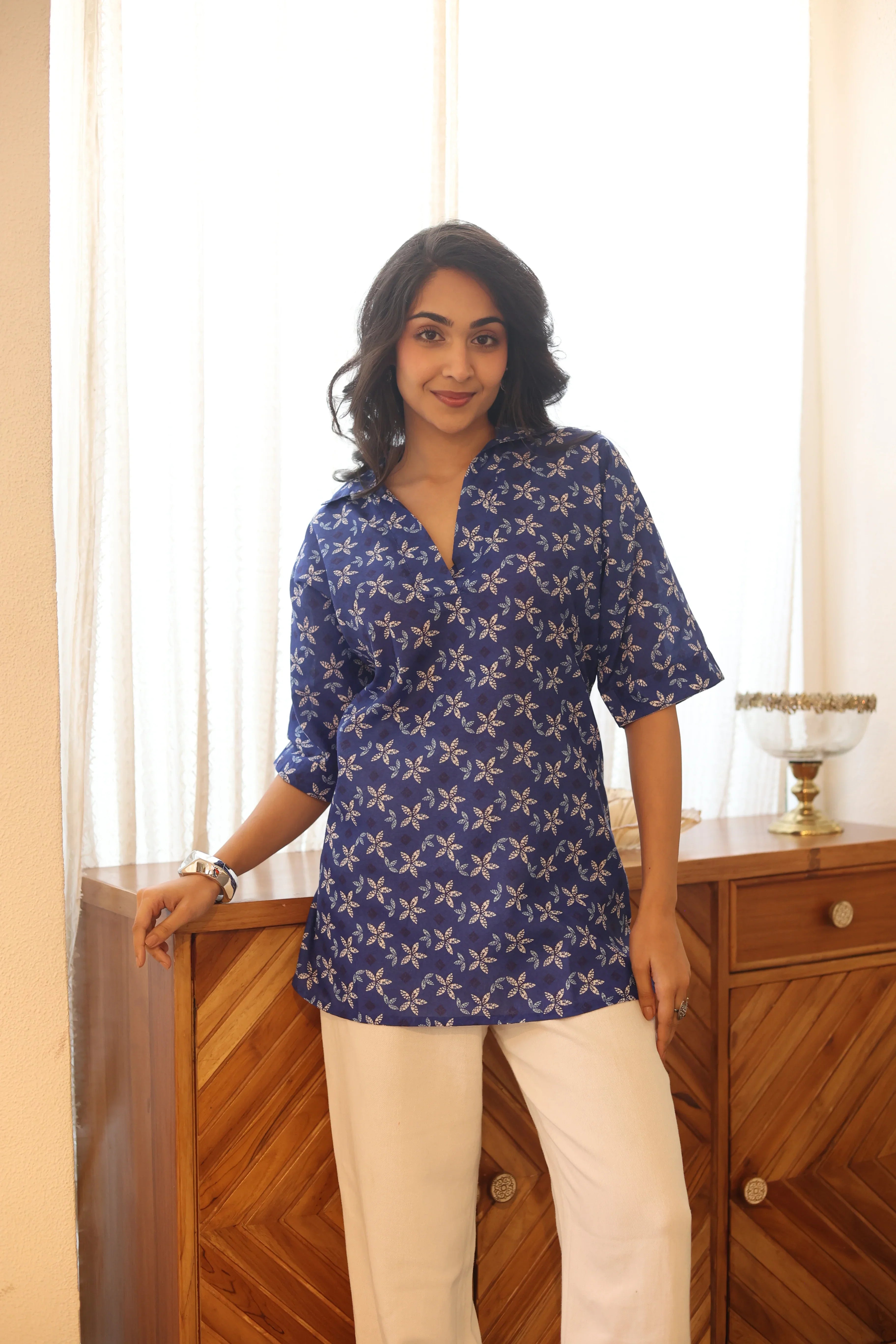 Blue Floral Print Cotton Shirt Collar Top for Women - SanskrutiHomes