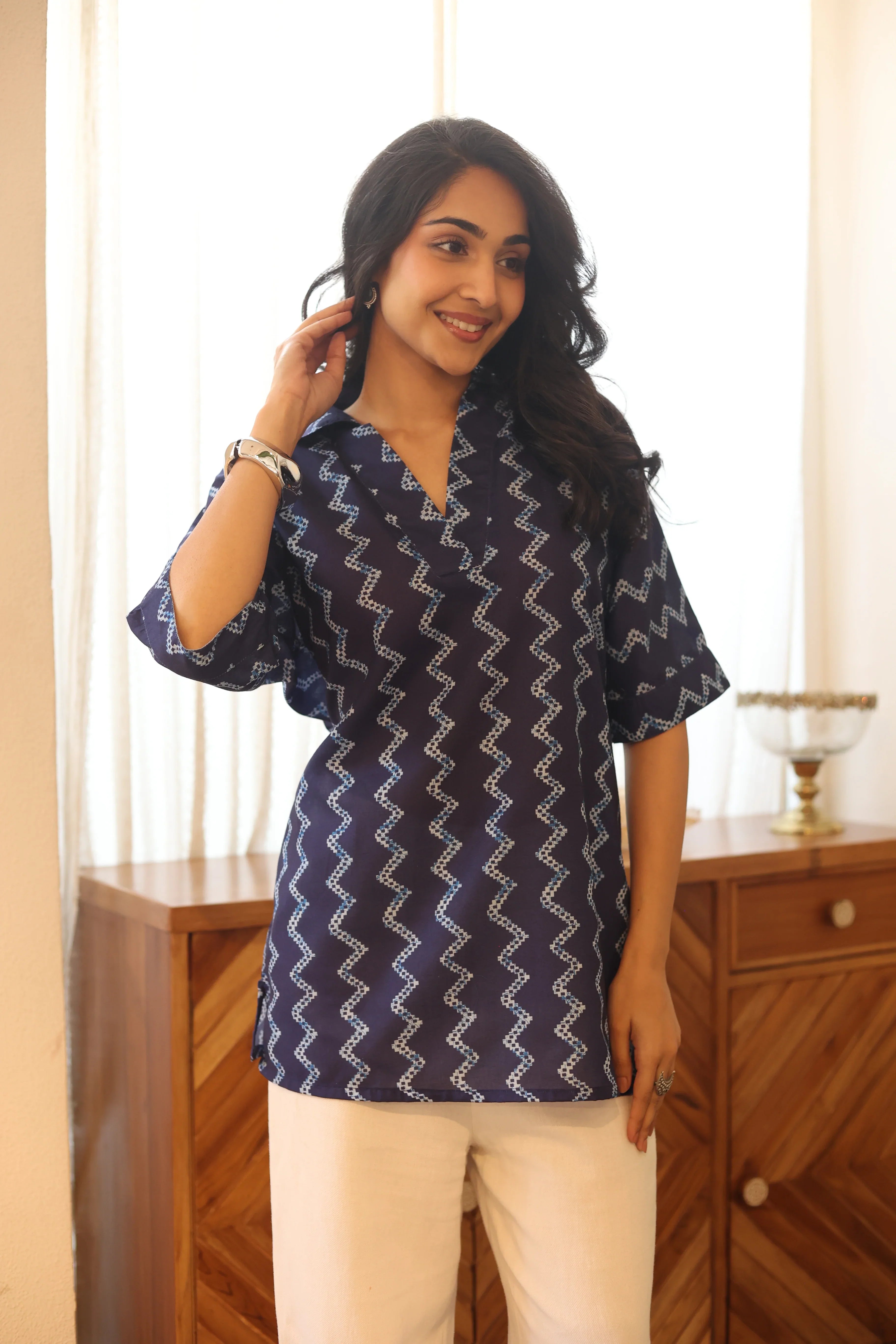 Navy Blue Geometric Cotton Shirt Collar Top for Women - SanskrutiHomes