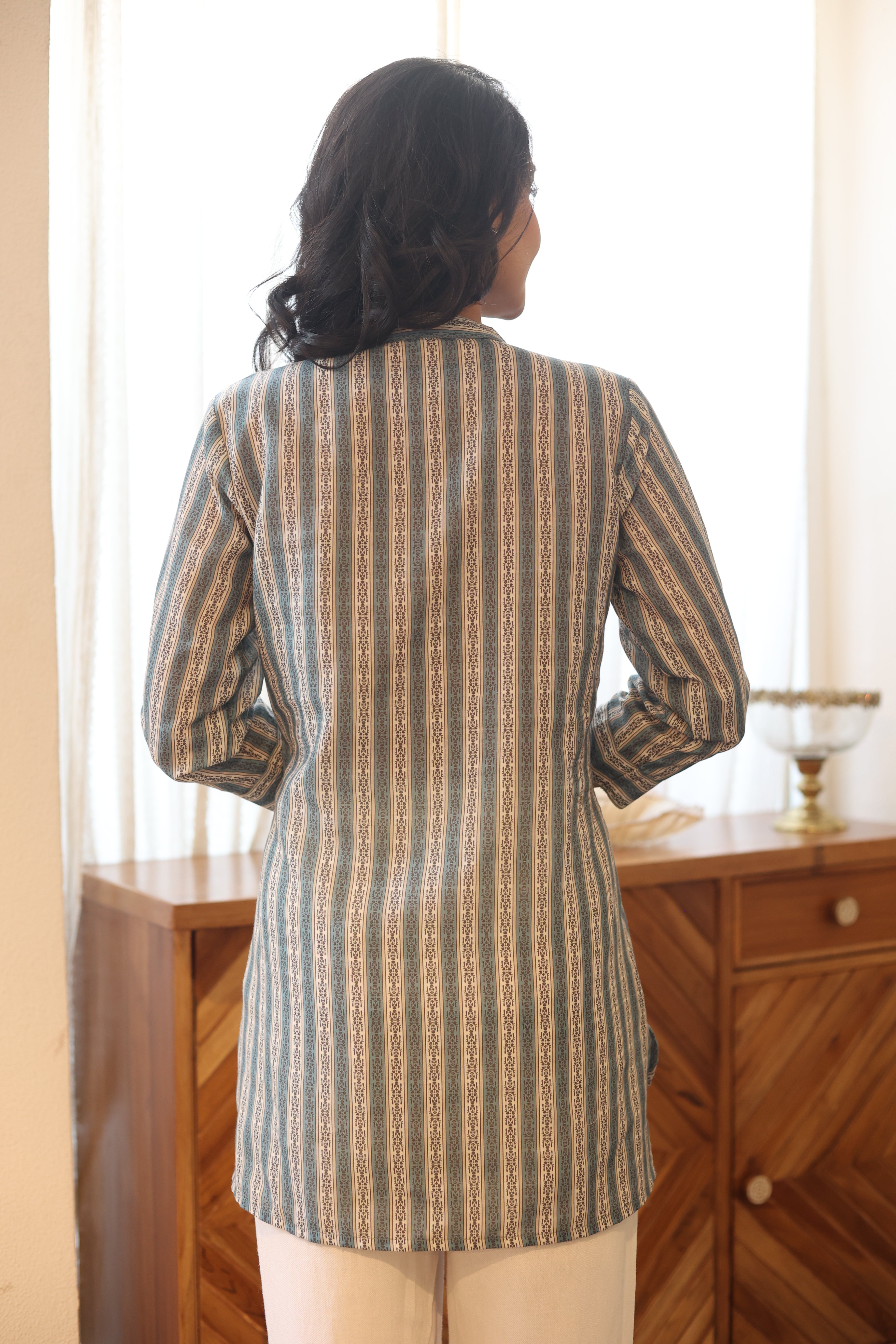 Sea Green Printed Cotton Round Neck Top for Women