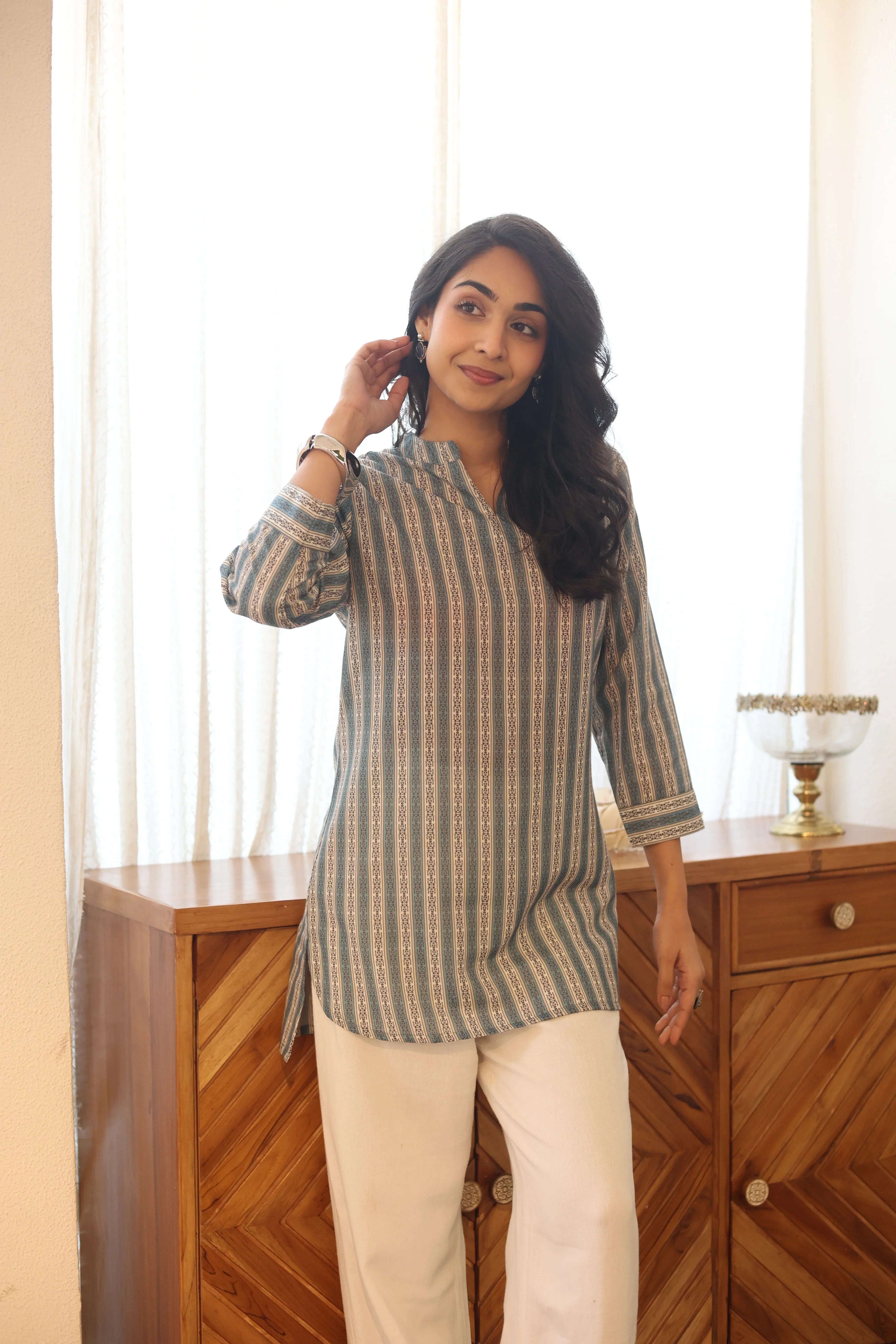 Sea Green Printed Cotton Round Neck Top for Women - SanskrutiHomes