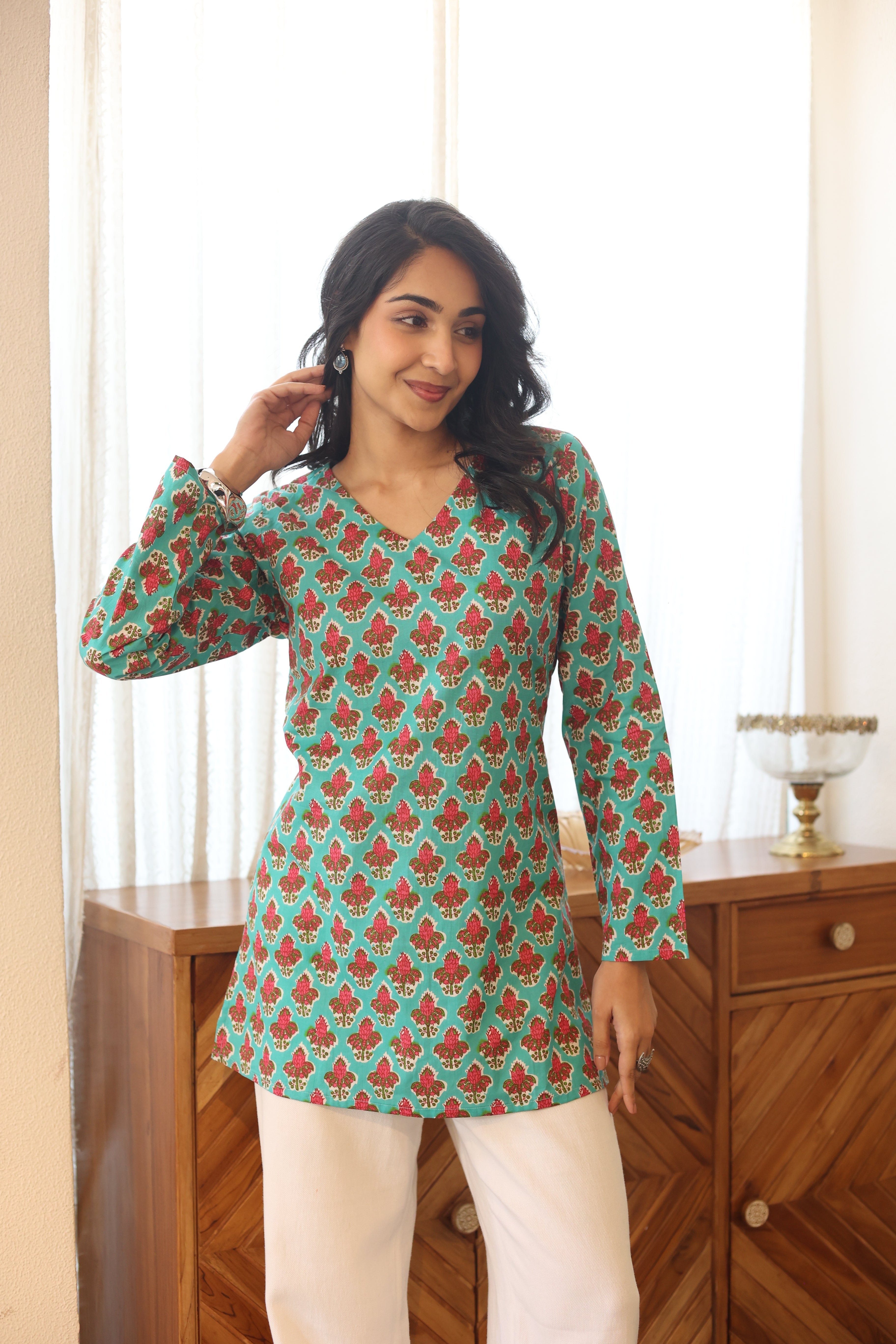 Sea Green Floral Print Cotton V-Neck Top for Women - SanskrutiHomes