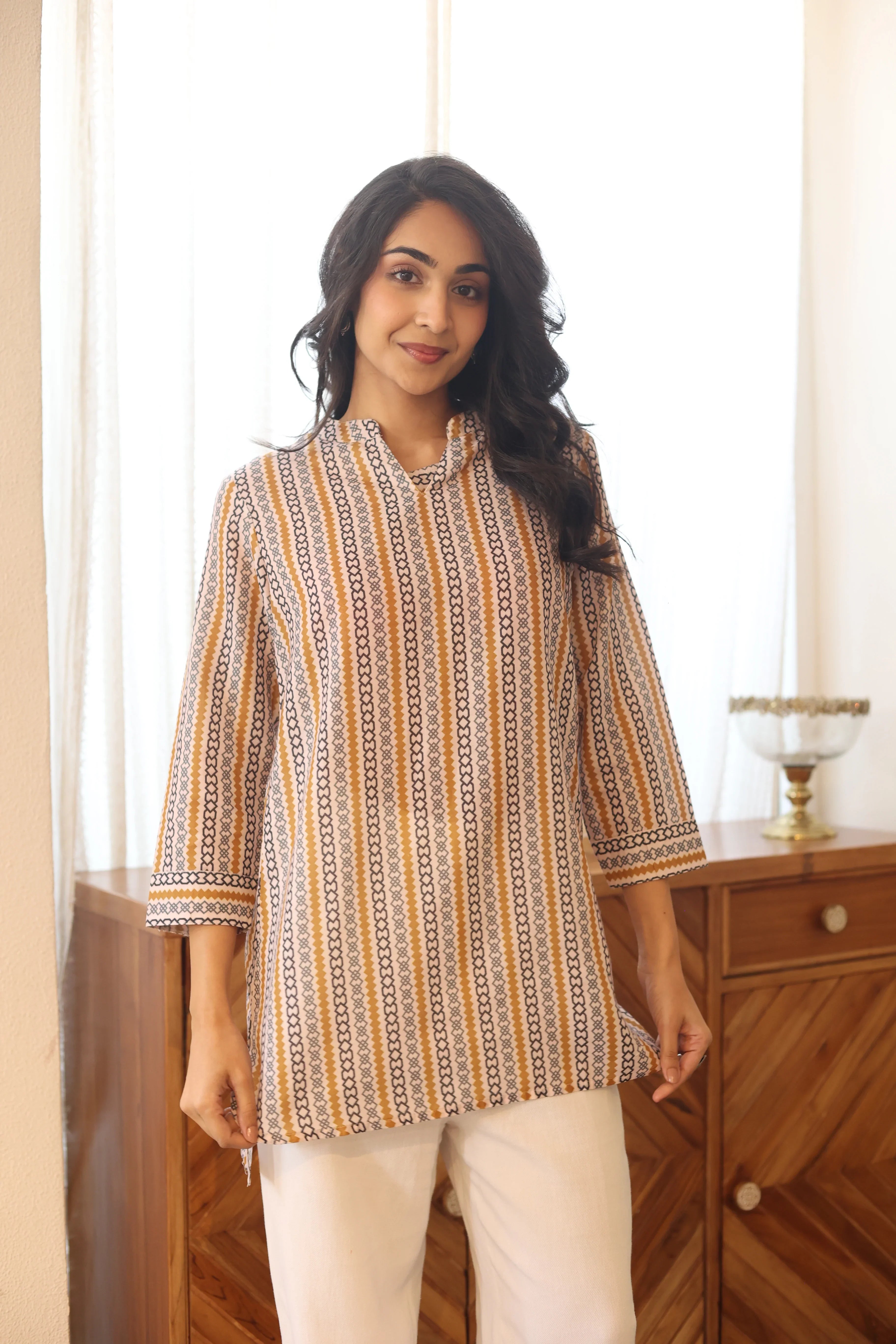 Off White Printed Cotton Mandarin Collar Top for Women - SanskrutiHomes