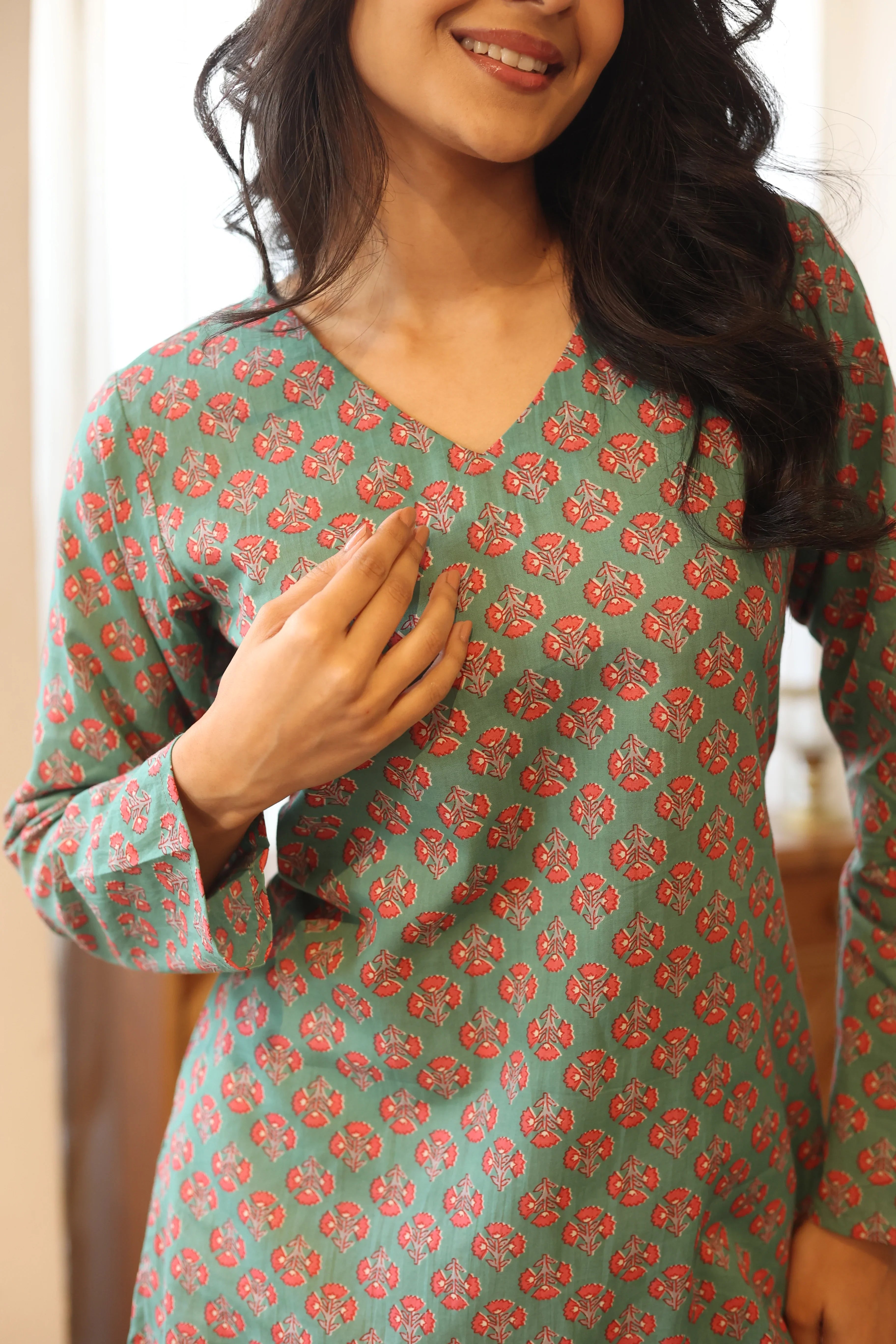 Sea green Cotton Floral Print V-Neck Top for Women - SanskrutiHomes
