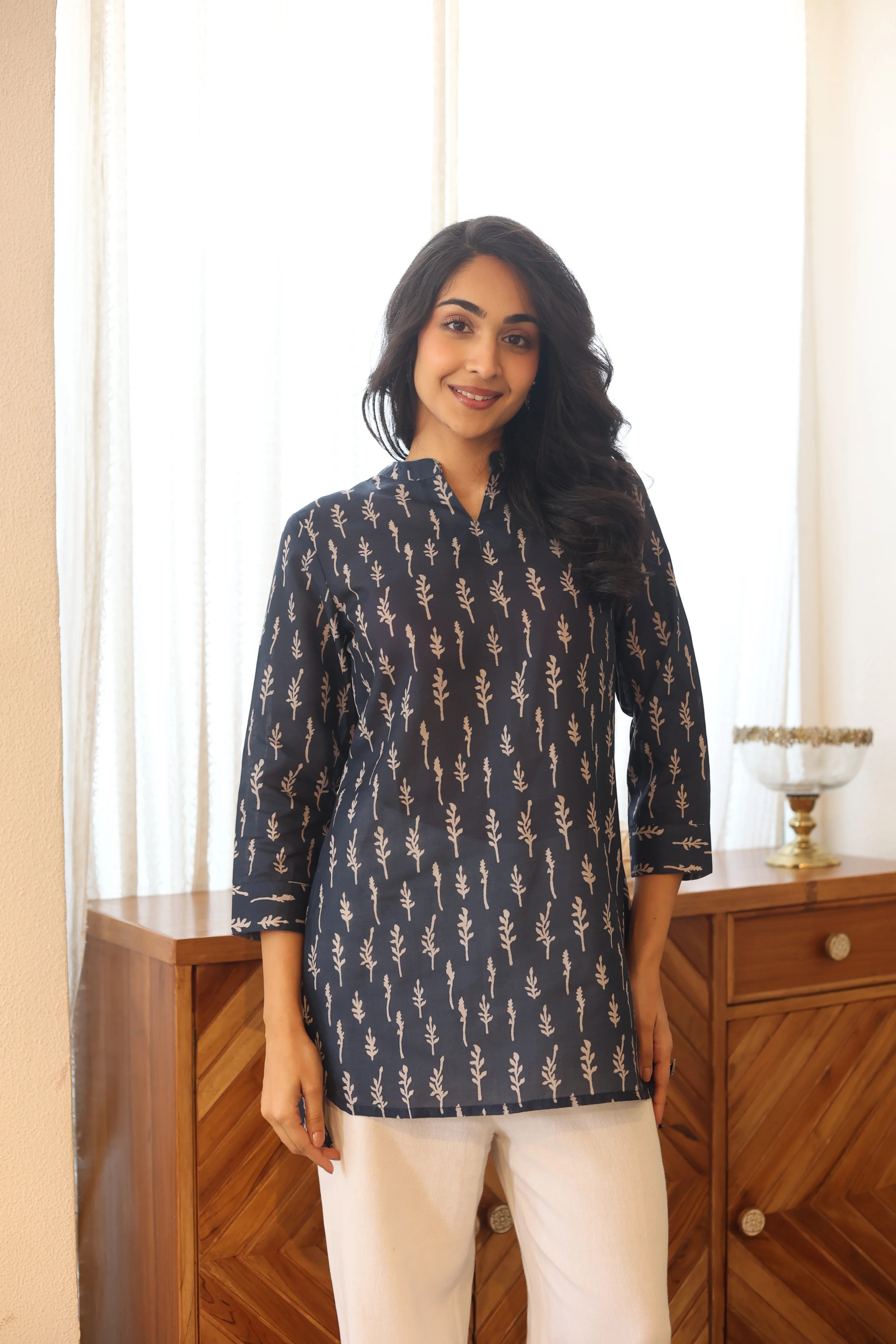 Blue Floral Print Cotton Mandarin Collar Top for Women - SanskrutiHomes
