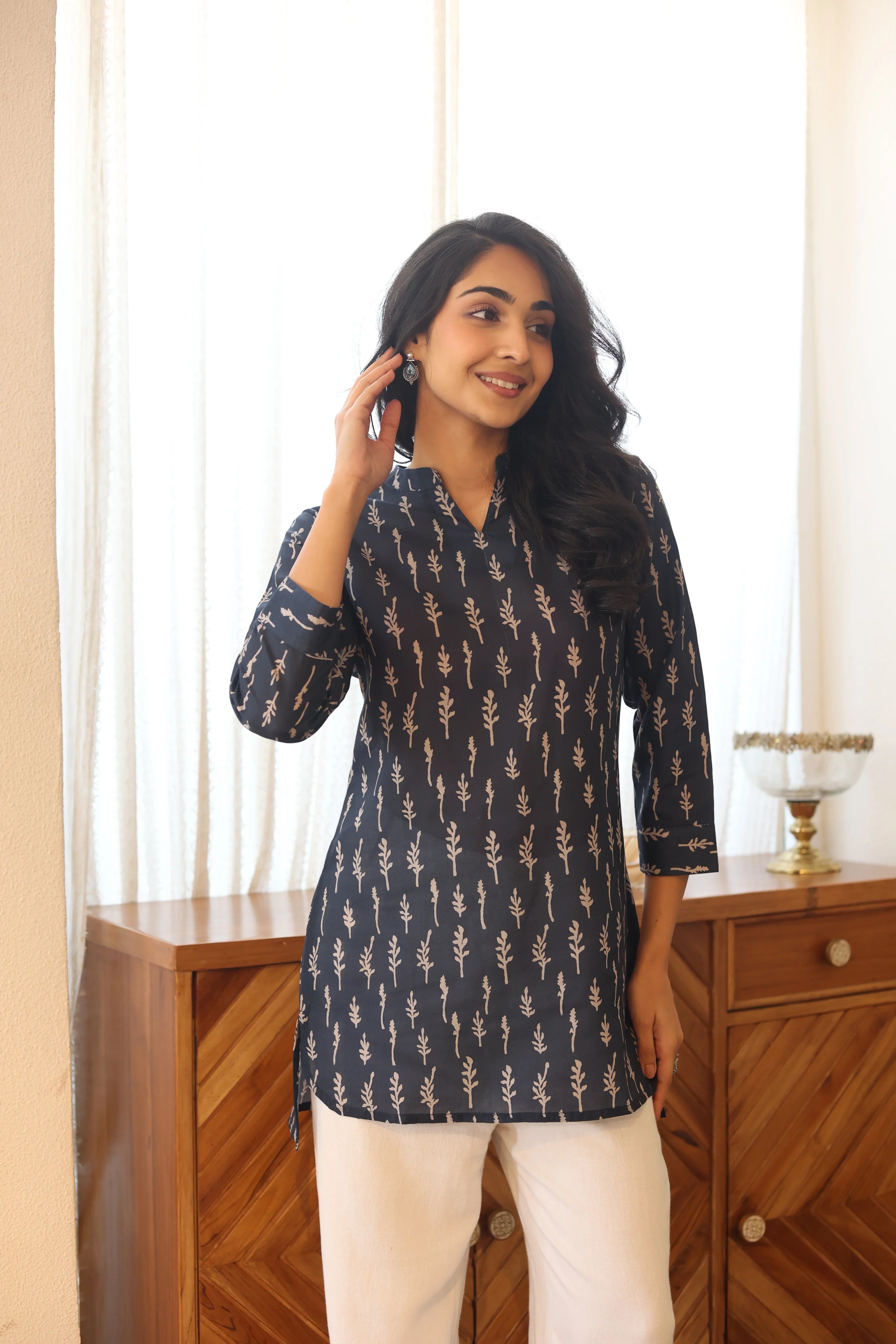 Blue Floral Print Cotton Mandarin Collar Top for Women - SanskrutiHomes