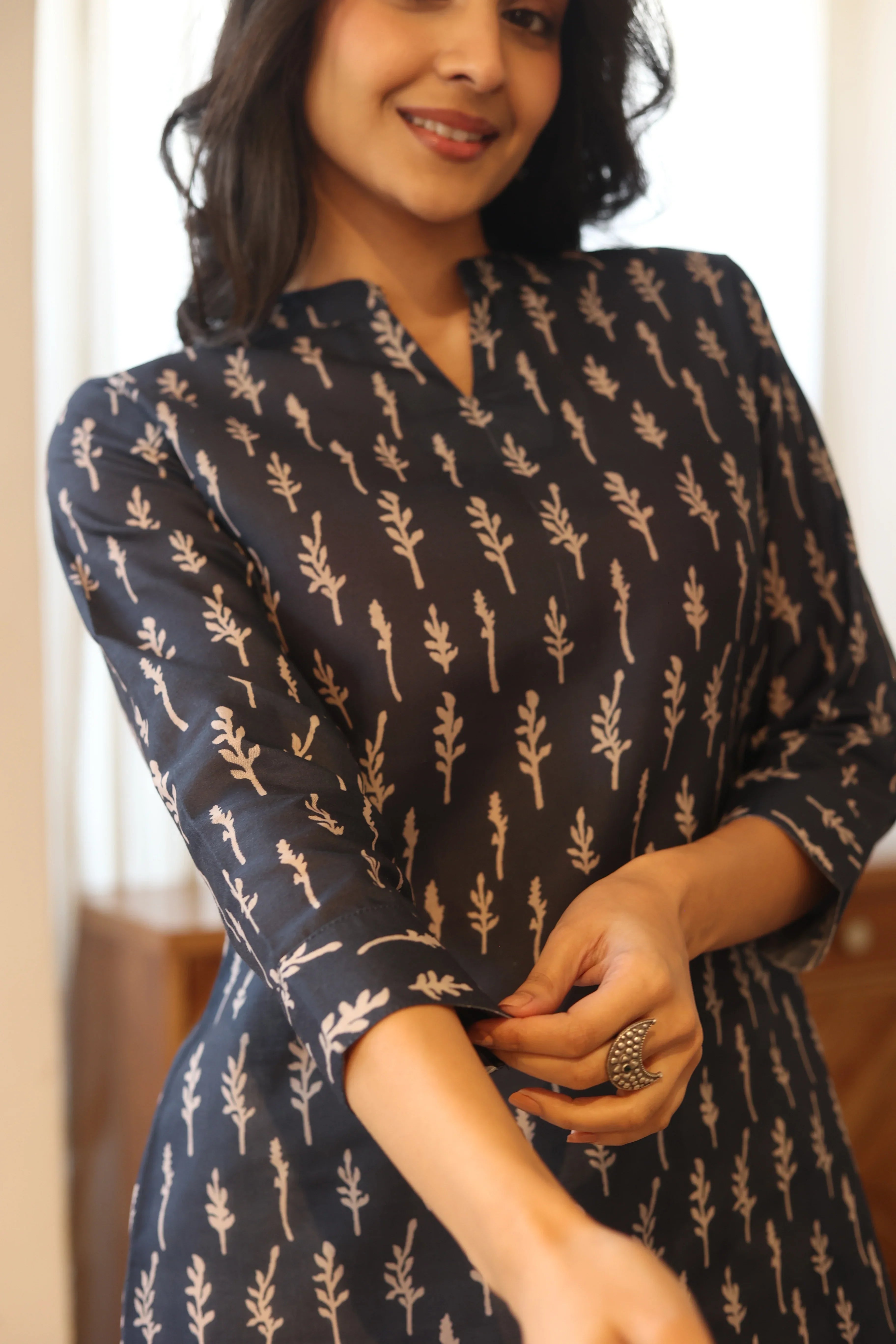 Blue Floral Print Cotton Mandarin Collar Top for Women - SanskrutiHomes