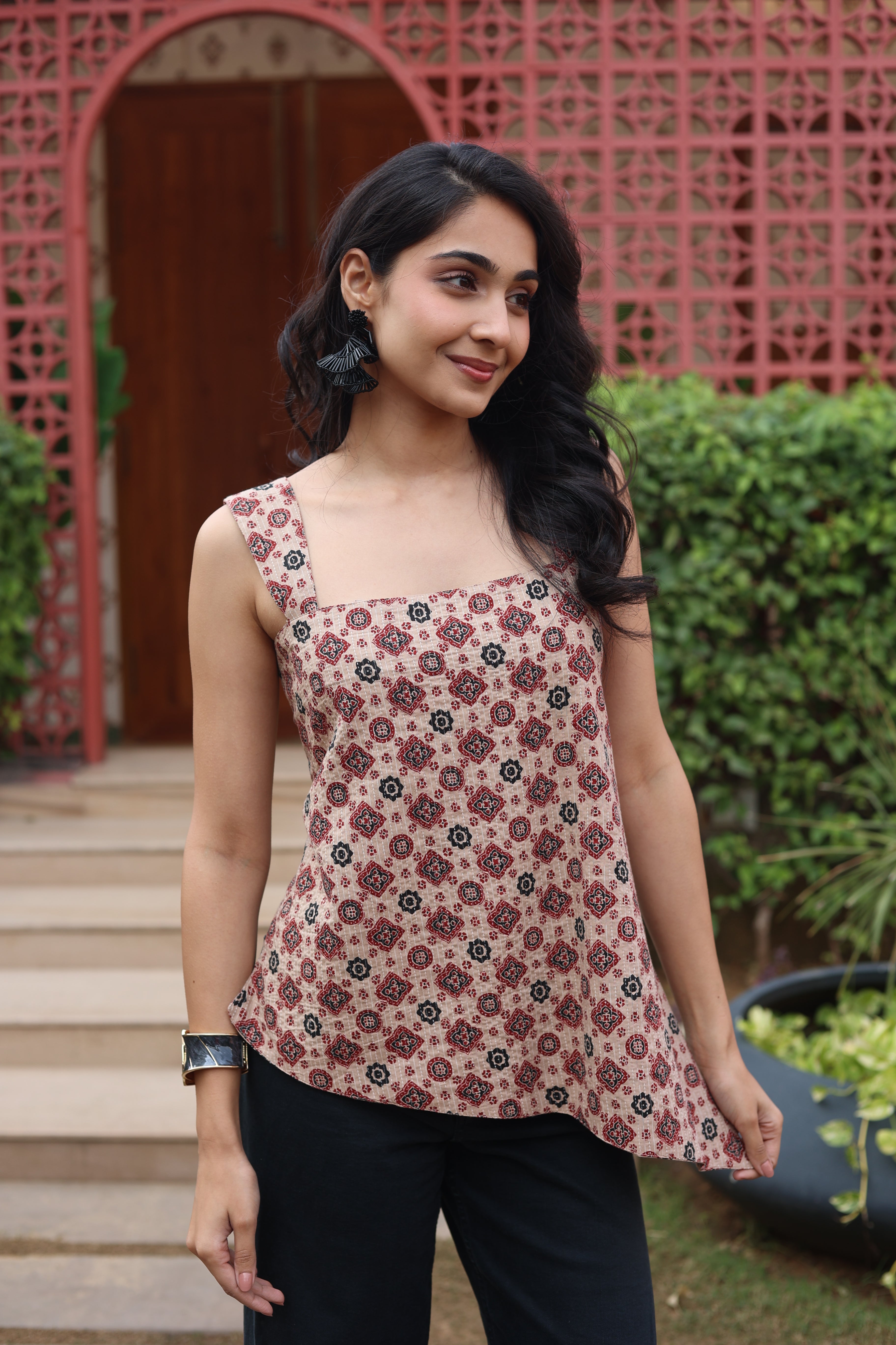 Brown Geometric Print Cotton Square Neck Top for Women