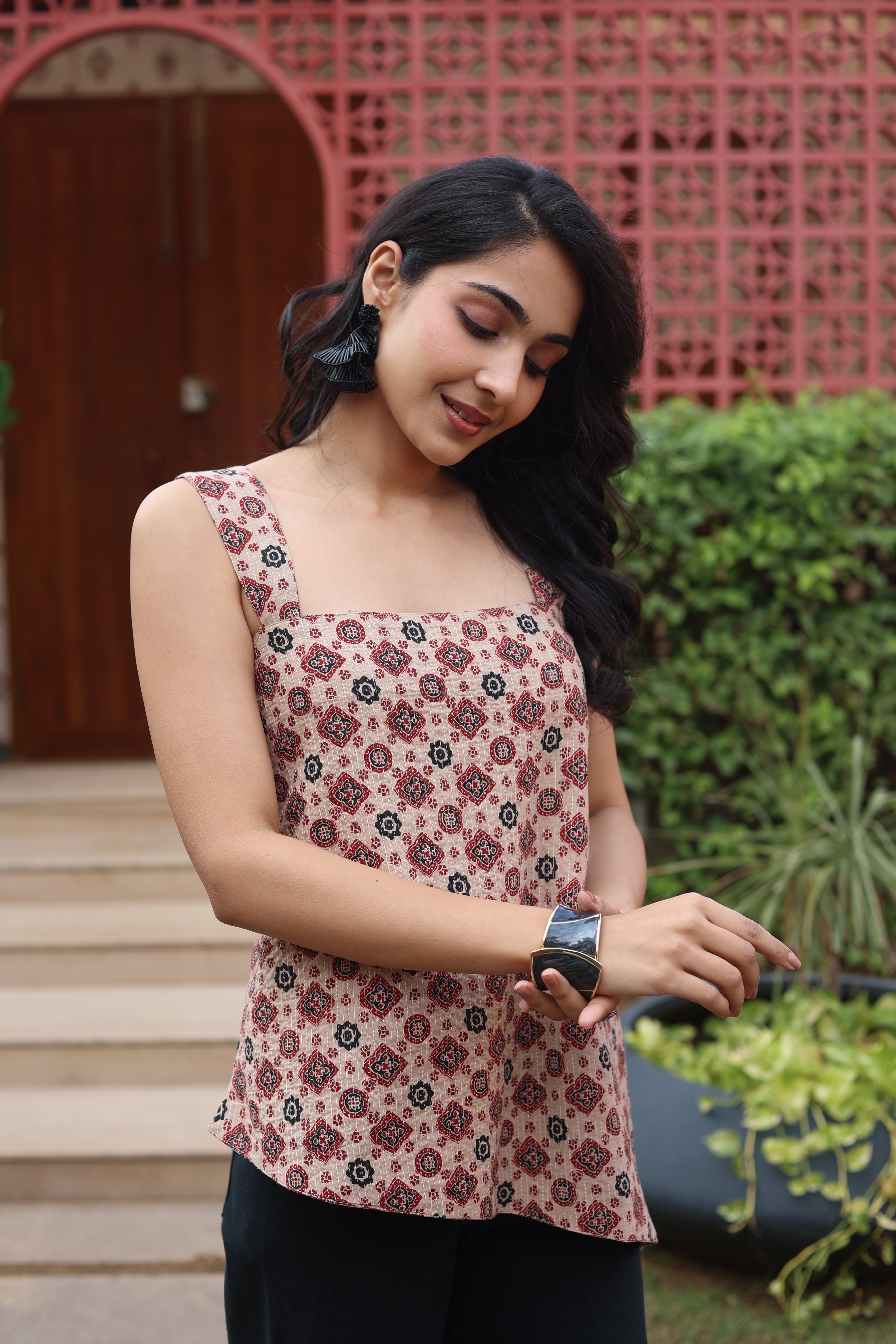 Brown Geometric Print Cotton Square Neck Top for Women