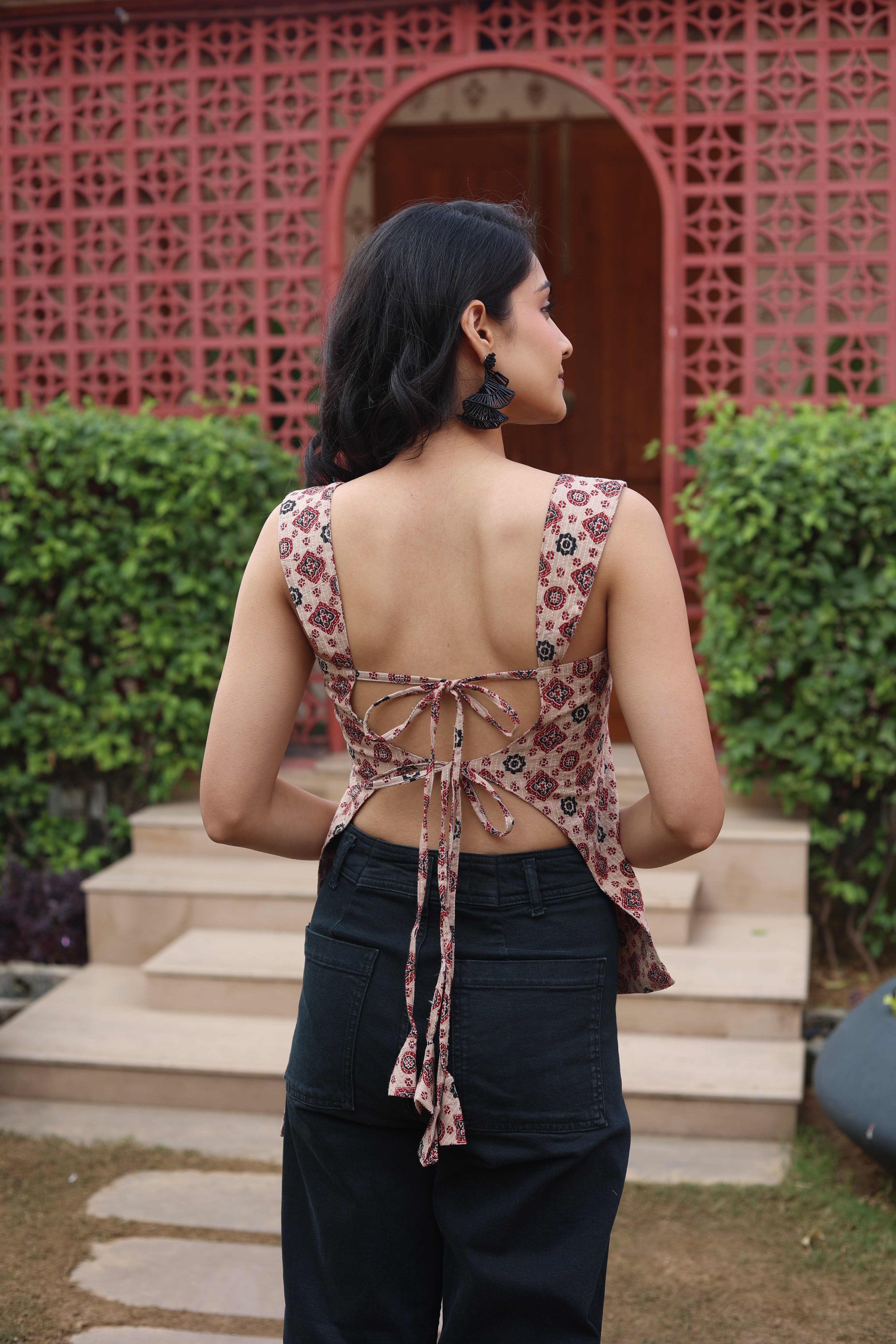 Brown Geometric Print Cotton Square Neck Top for Women