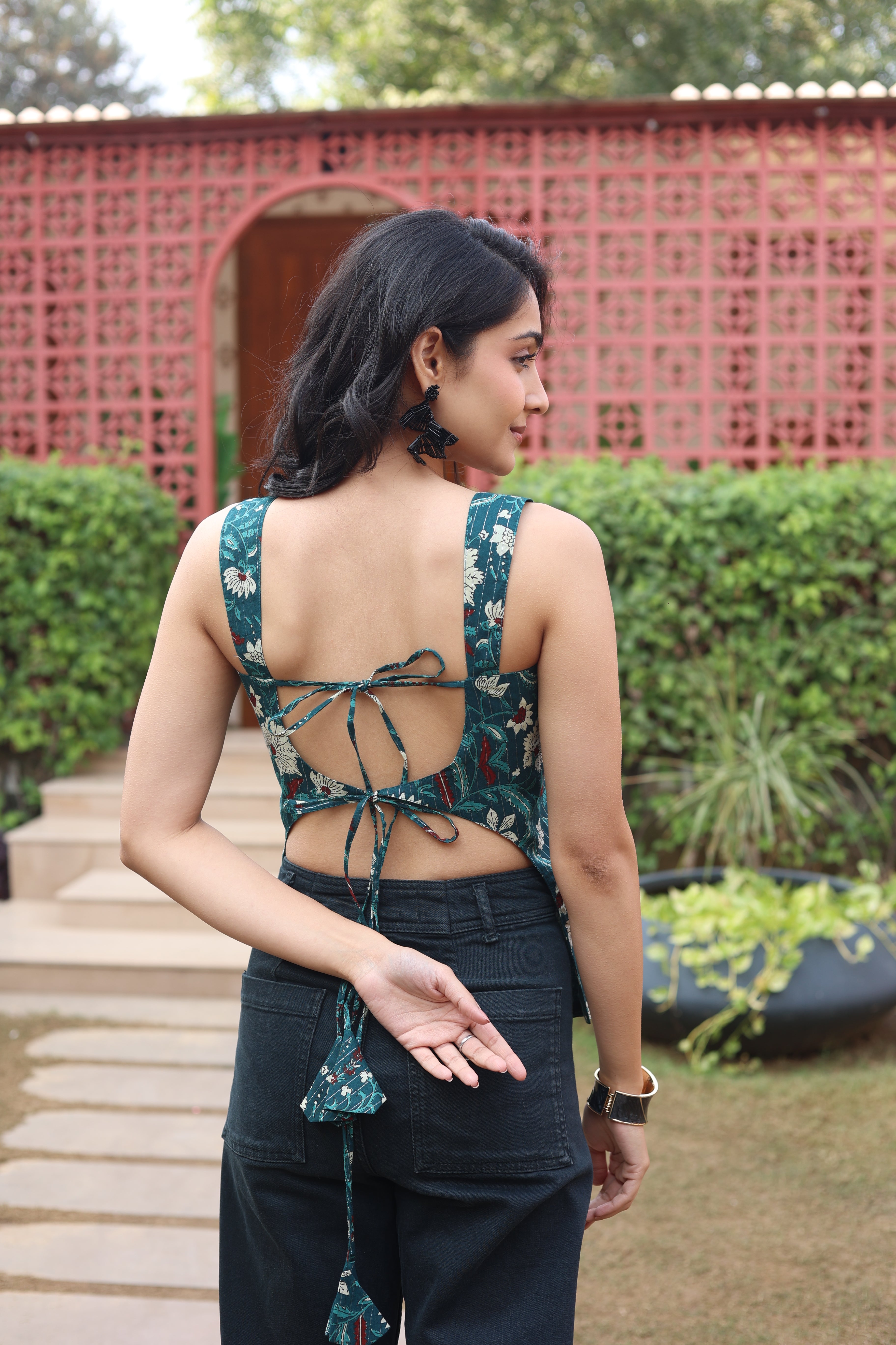 Green Floral Cotton Square Neck Top for Women