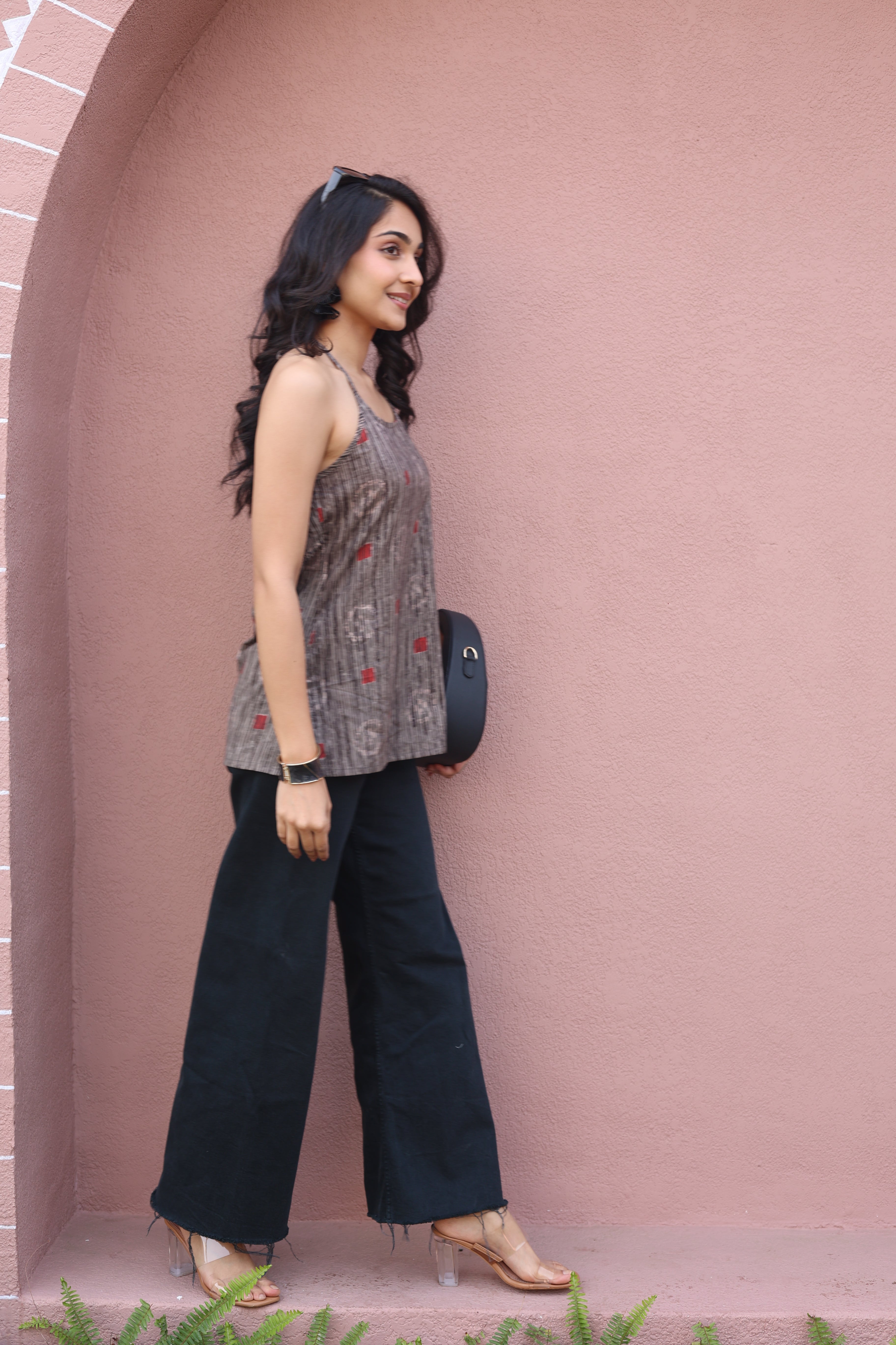 Red Geometric Print Cotton Round Neck Top for Women