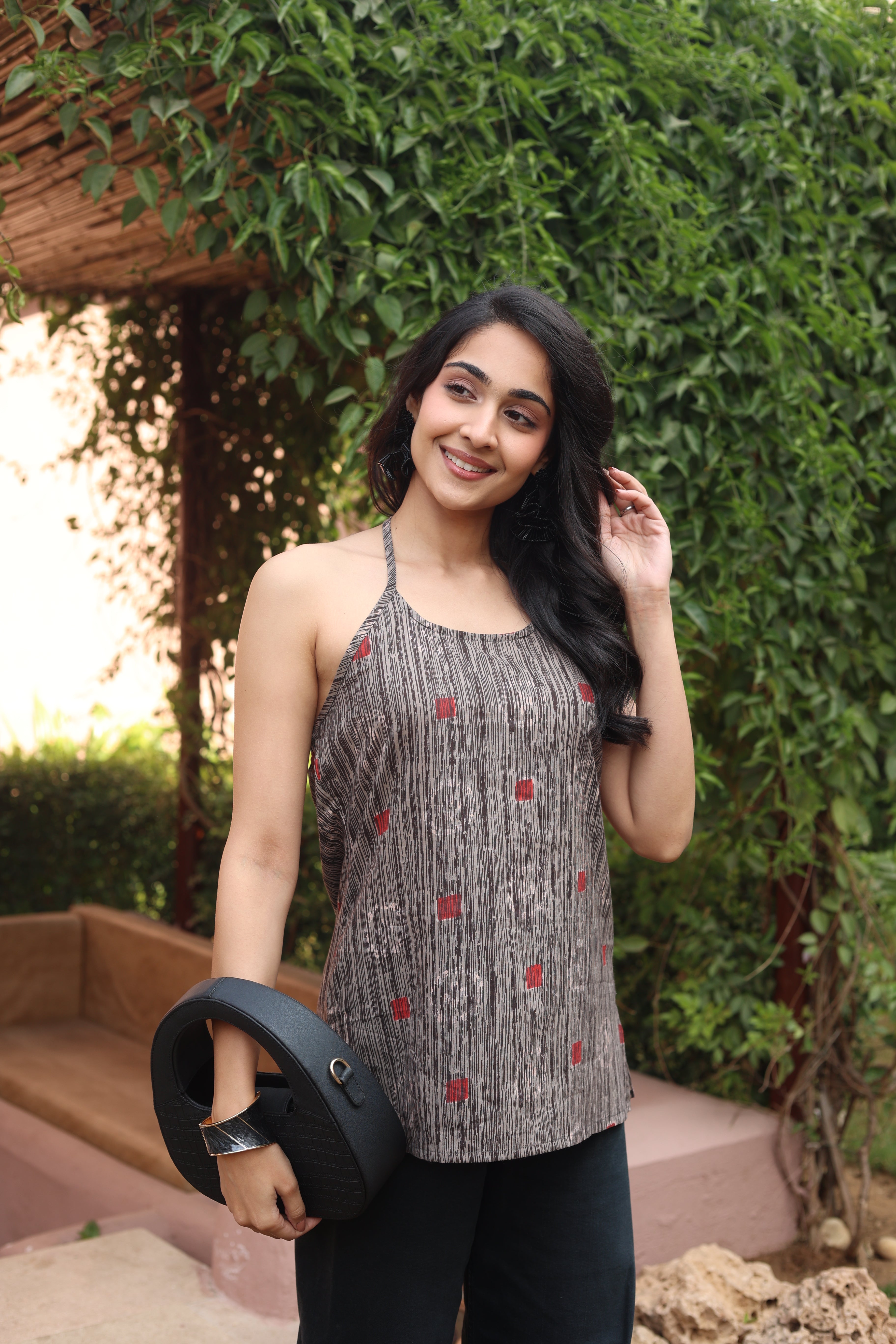 Red Geometric Print Cotton Round Neck Top for Women