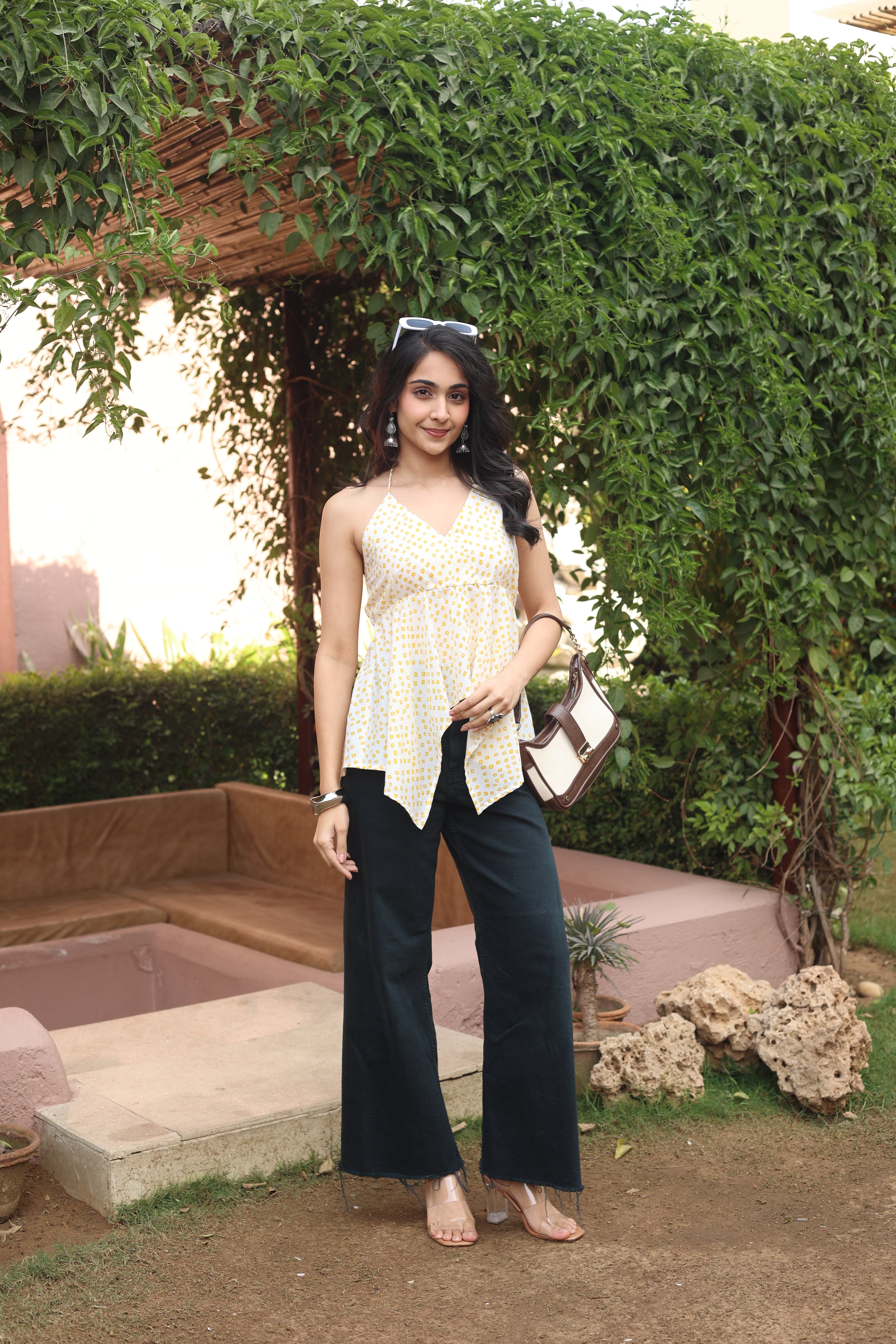 White Printed Cotton V-Neck Top for Women