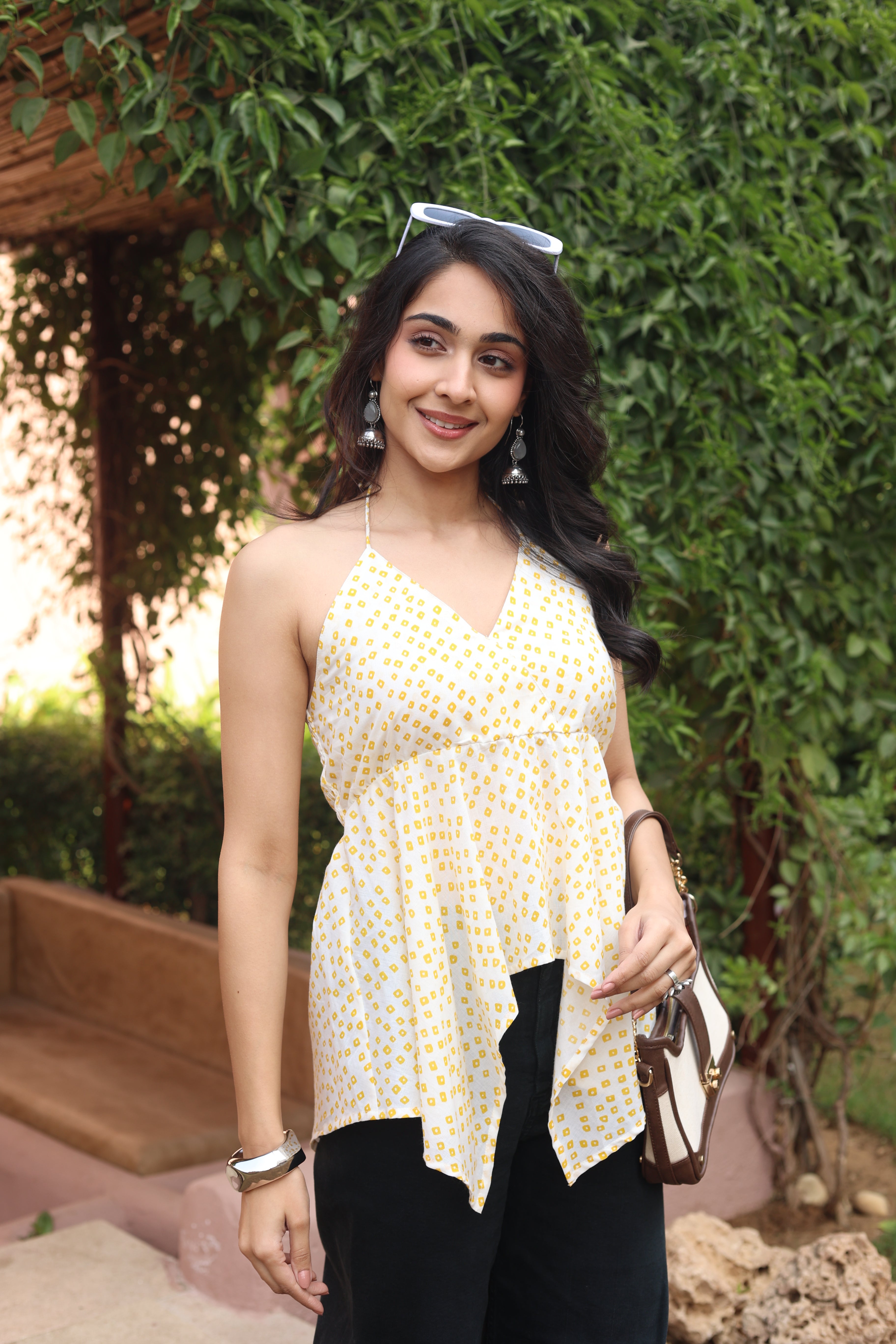 White Printed Cotton V-Neck Top for Women