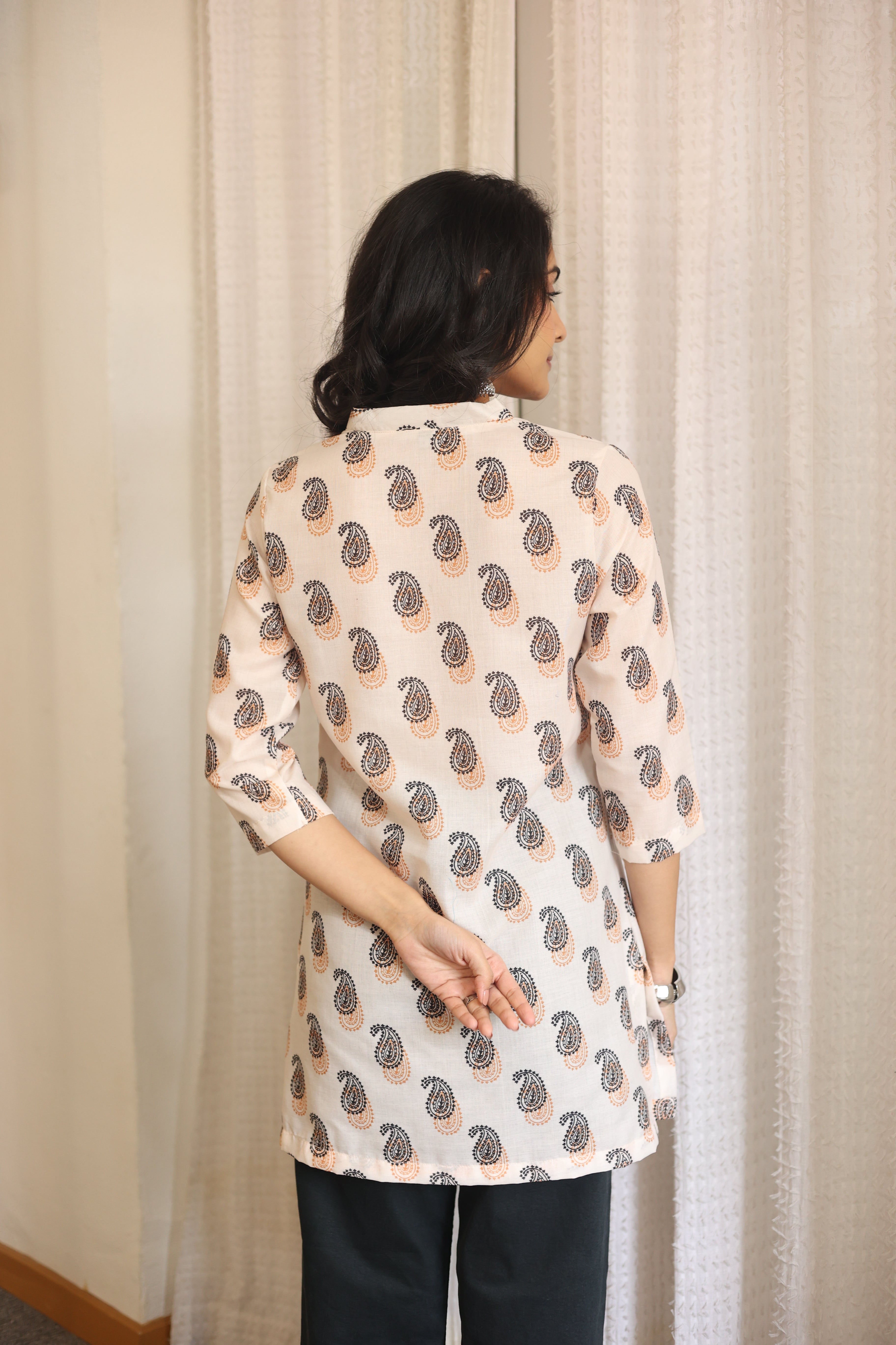 Cream Abstract Print Cotton V-Neck Top for Women